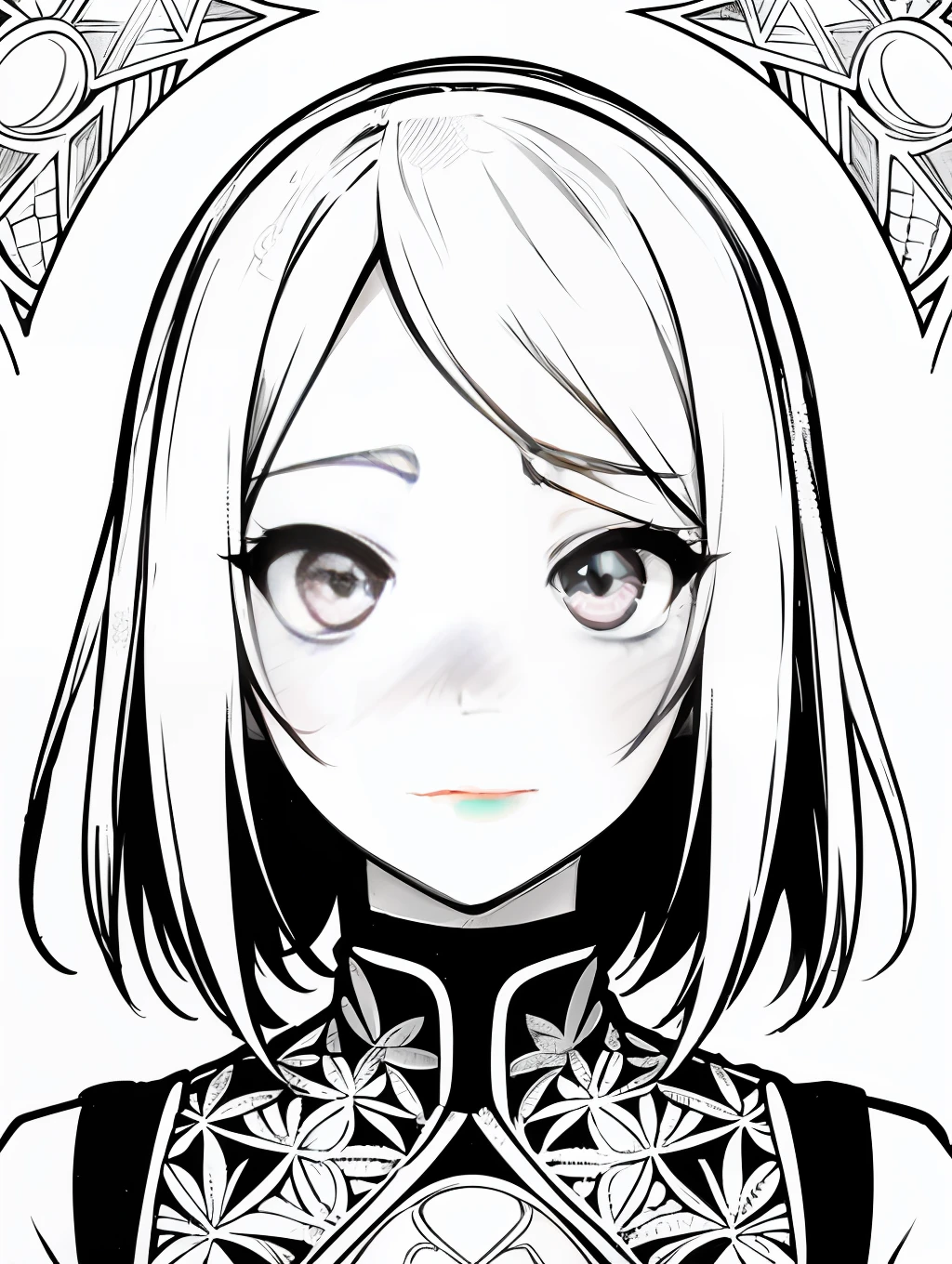 White background,1girl, pink hair,line art, Line weight,manga panel,black and white,sakura Haruna, nervous, embarrassed, upper body, looking at viewer,(((intricate details))), detailed face, perfect eyes