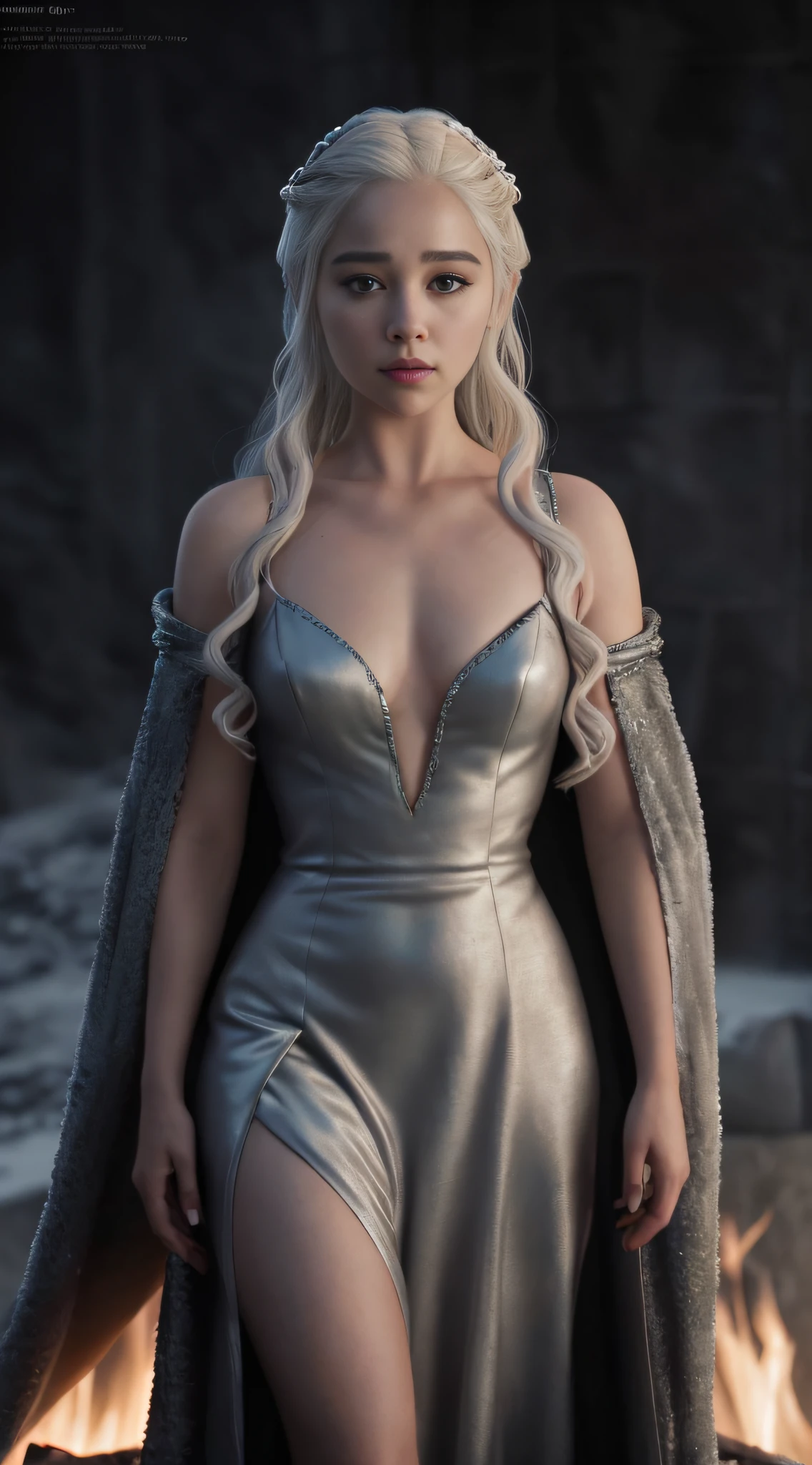 a woman in a silver dress standing in front of a fire, daenerys, daenerys targaryen, cinematic goddess body shot, from of thrones, fantasy photoshoot, cinematic goddess shot, style of game of thrones, cgsociety inspired, cinematic goddess close shot, queen of winter, ice queen, the ice queen, queen of dragons, inspired by Magali Villeneuve