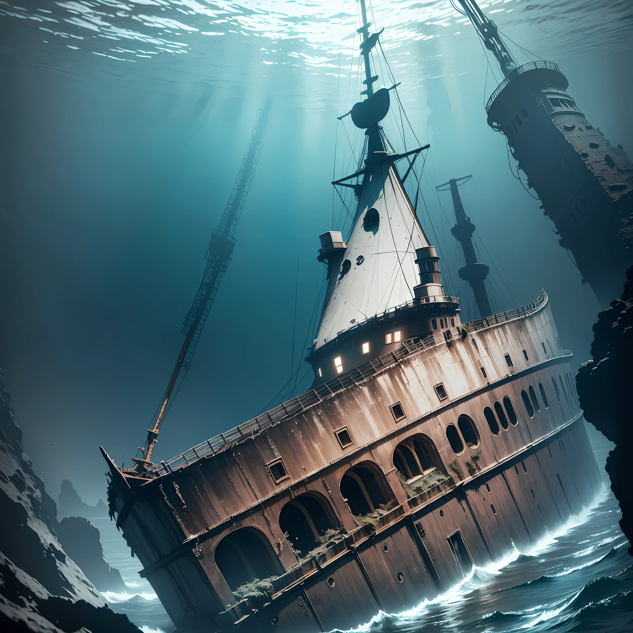A detailed illustration of a submerged part of the Titanic on the ocean floor. The image shows the ship lying on the seabed, surrounded by darkness and depth. The wreckage of the Titanic is visible, with rusty and weathered fragments strewn across the seabed. One may include some divers or research submarines nearby, highlighting the efforts made to explore and study the wreck. The image conveys a mysterious and intriguing atmosphere, evoking viewers' curiosity to discover the reasons why the Titanic remains at the bottom of the ocean. Realistic photo