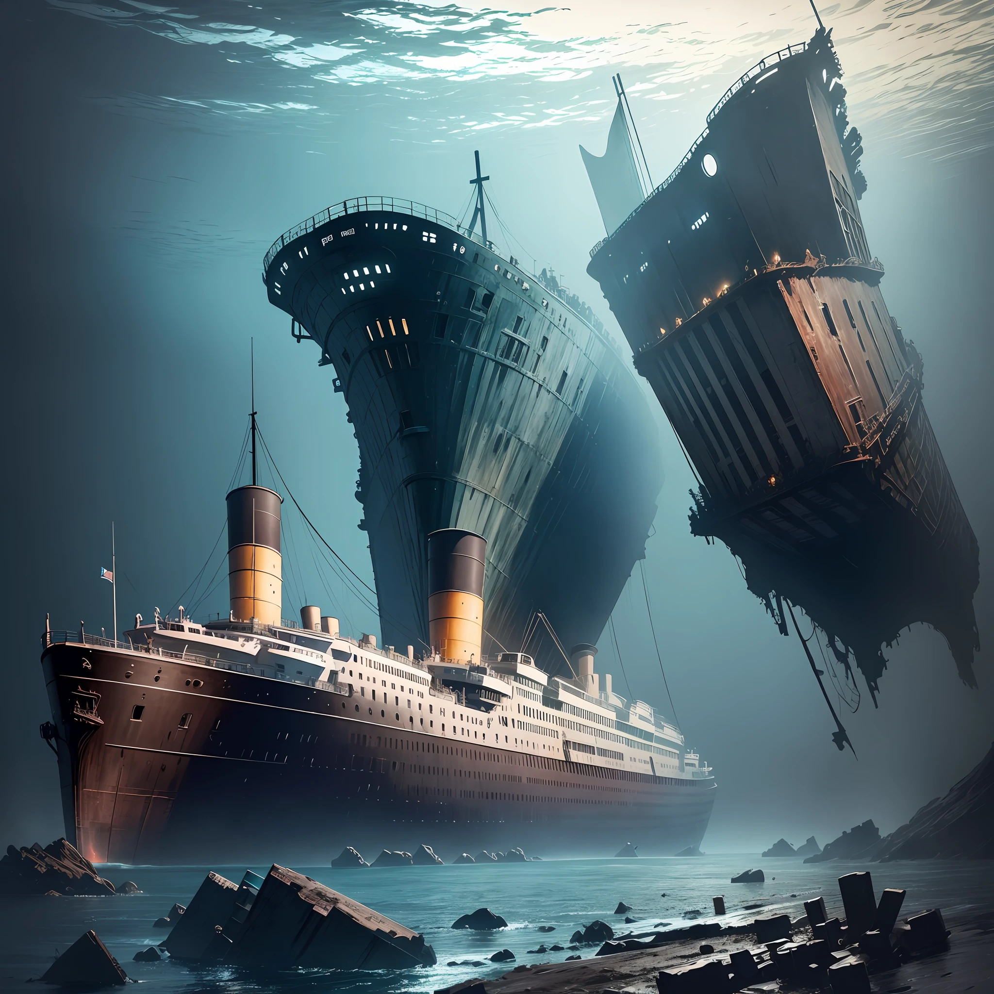 A detailed illustration of a submerged part of the Titanic on the ocean floor. The image shows the ship lying on the seabed, surrounded by darkness and depth. The wreckage of the Titanic is visible, with rusty and weathered fragments strewn across the seabed. One may include some divers or research submarines nearby, highlighting the efforts made to explore and study the wreck. The image conveys a mysterious and intriguing atmosphere, evoking viewers' curiosity to discover the reasons why the Titanic remains at the bottom of the ocean. Realistic photo