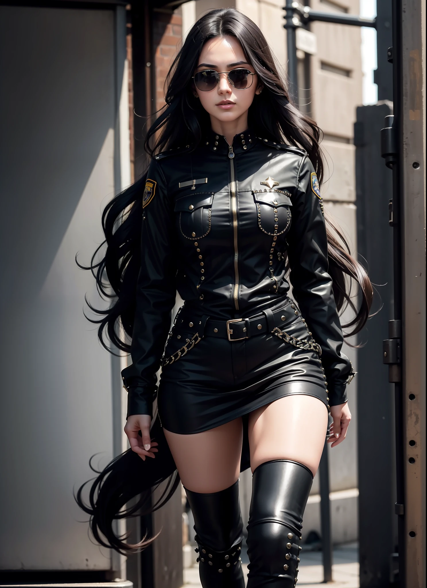 police, beautiful woman, medium dark long hair, black sunglasses, black clothes, rivets, just one body, walking, front view