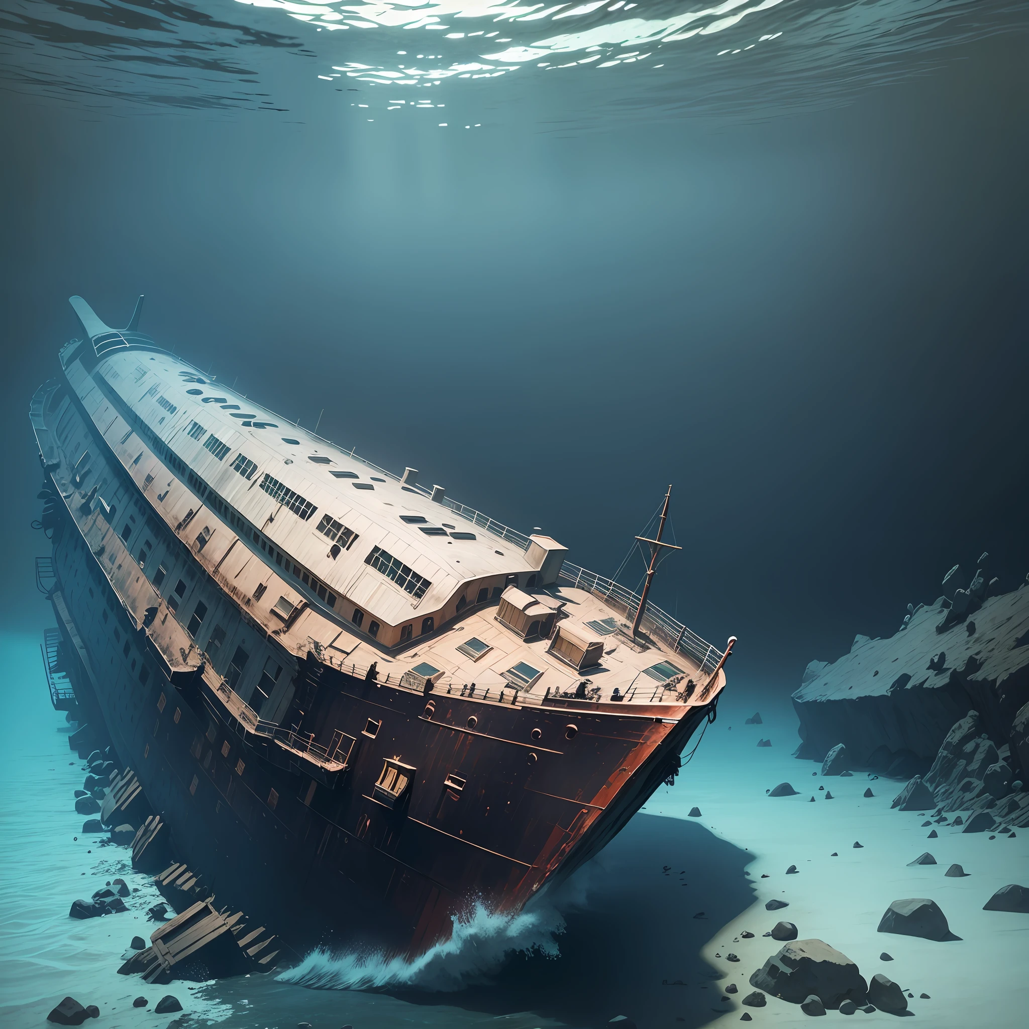 A detailed illustration of a submerged part of the Titanic on the ocean floor. The image shows the ship lying on the seabed, surrounded by darkness and depth. The wreckage of the Titanic is visible, with rusty and weathered fragments strewn across the seabed. One may include some divers or research submarines nearby, highlighting the efforts made to explore and study the wreck. The image conveys a mysterious and intriguing atmosphere, evoking viewers' curiosity to discover the reasons why the Titanic remains at the bottom of the ocean. Realistic photo