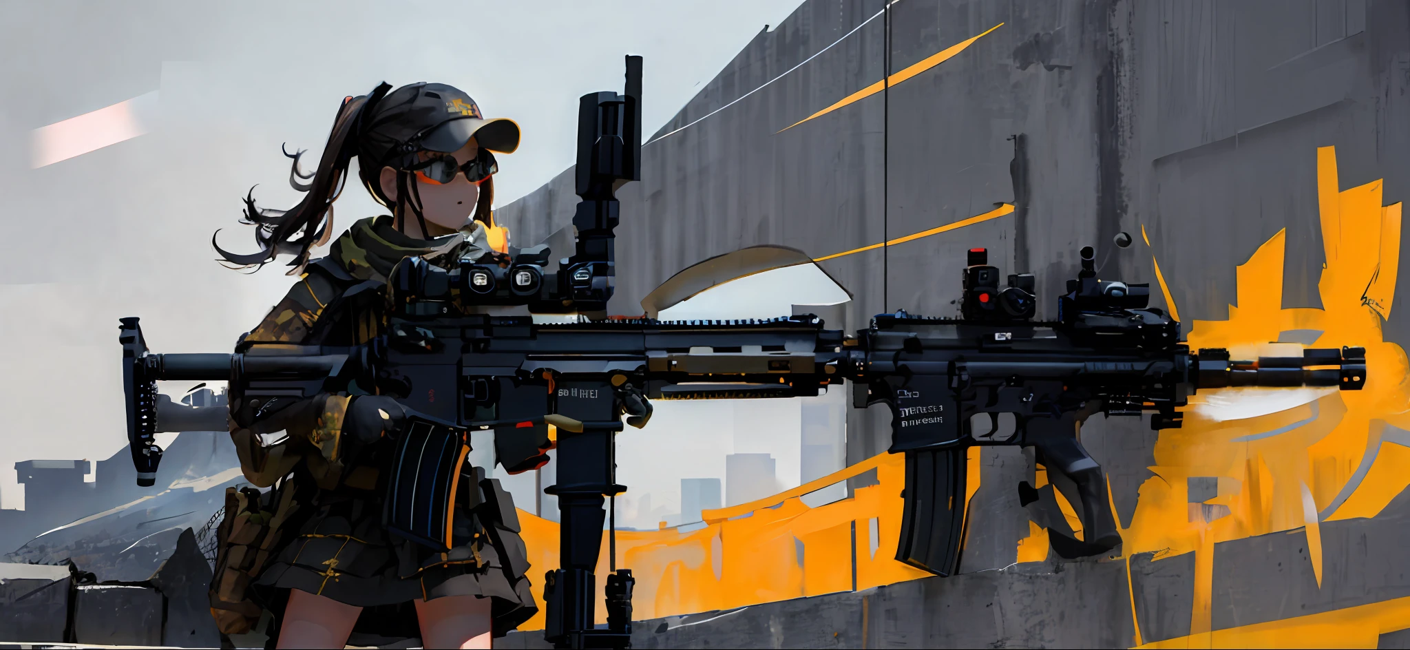 masterpiece,best quality, lens flare, depth of field, (close-up:0.8),1girl ,standing, holding weapon, holding rifle, aiming at viewer,gun, h&k hk416, assault rifle, rifle, open fire, firing,