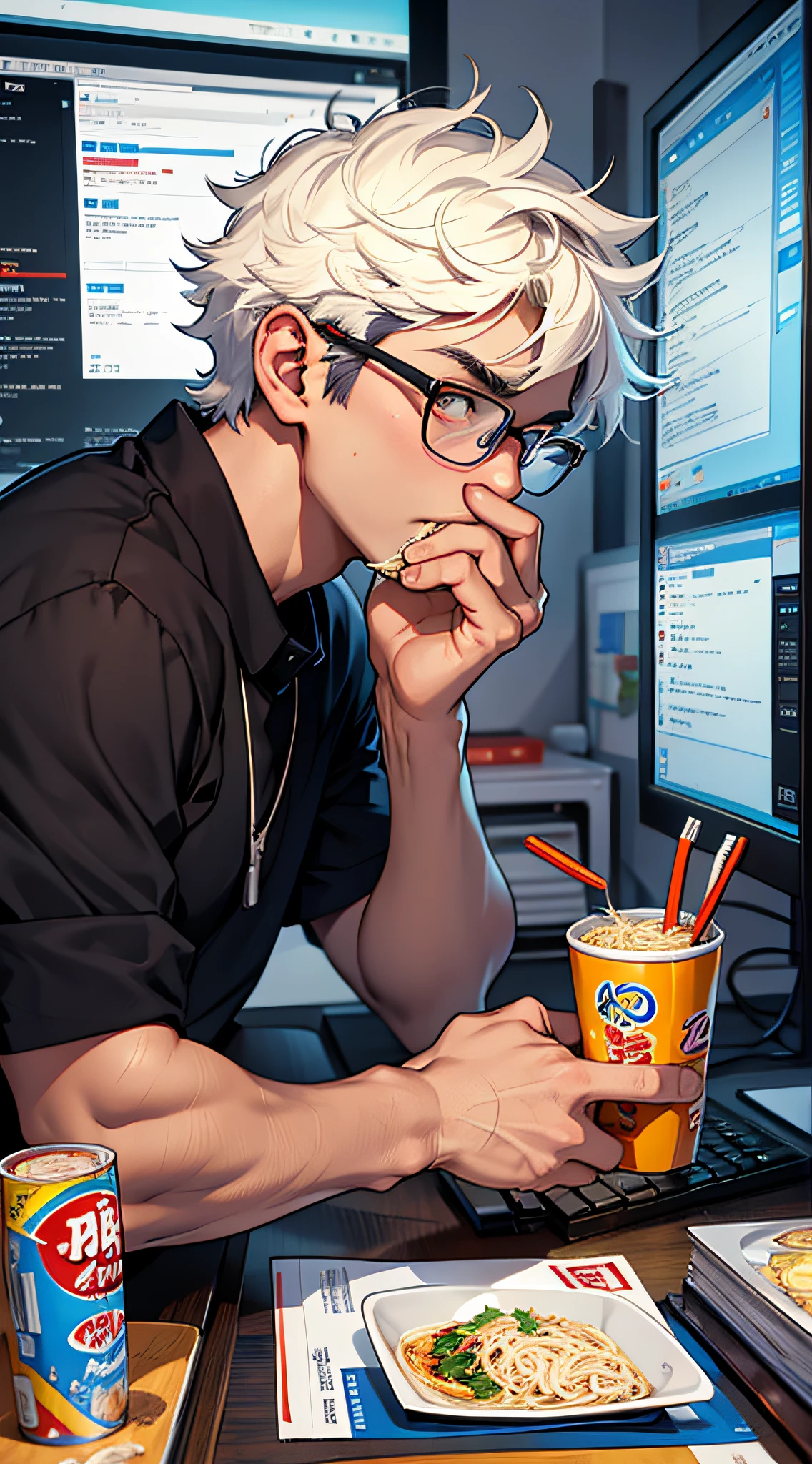 A 24-year-old boy wearing glasses eats instant noodles in front of a computer monitor --auto --s2