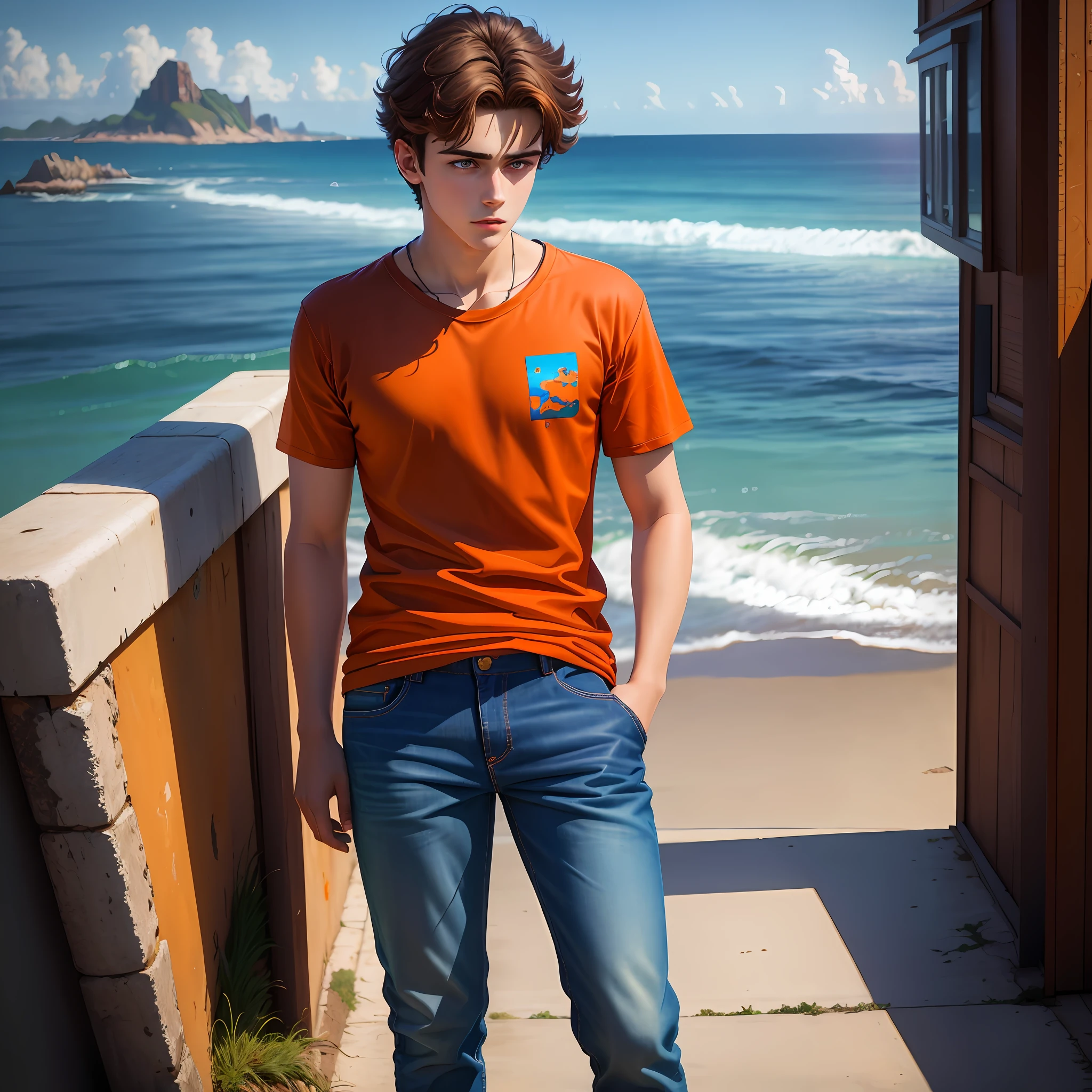 (digital painting), (best quality), ultra-realistic 8k, male ager, dark brown hair, dark blue eyes, wearing orange T-shirt and jeans, looking out to sea. You are using an bead necklace