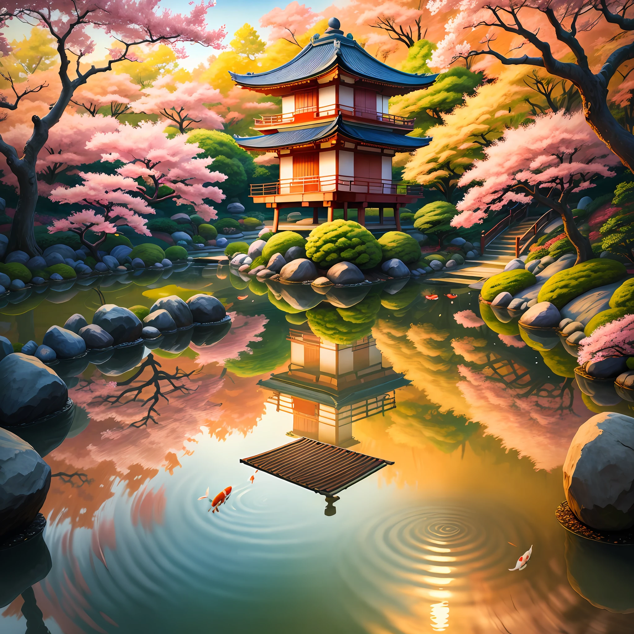 (digital painting),(best quality), serene Japanese garden, cherry blossoms in full bloom, koi pond, footbridge, pagoda, Ukiyo-e art style, Hokusai inspiration, Deviant Art popular, 8k ultra-realistic, pastel color scheme, soft lighting, golden hour, tranquil atmosphere, landscape orientation