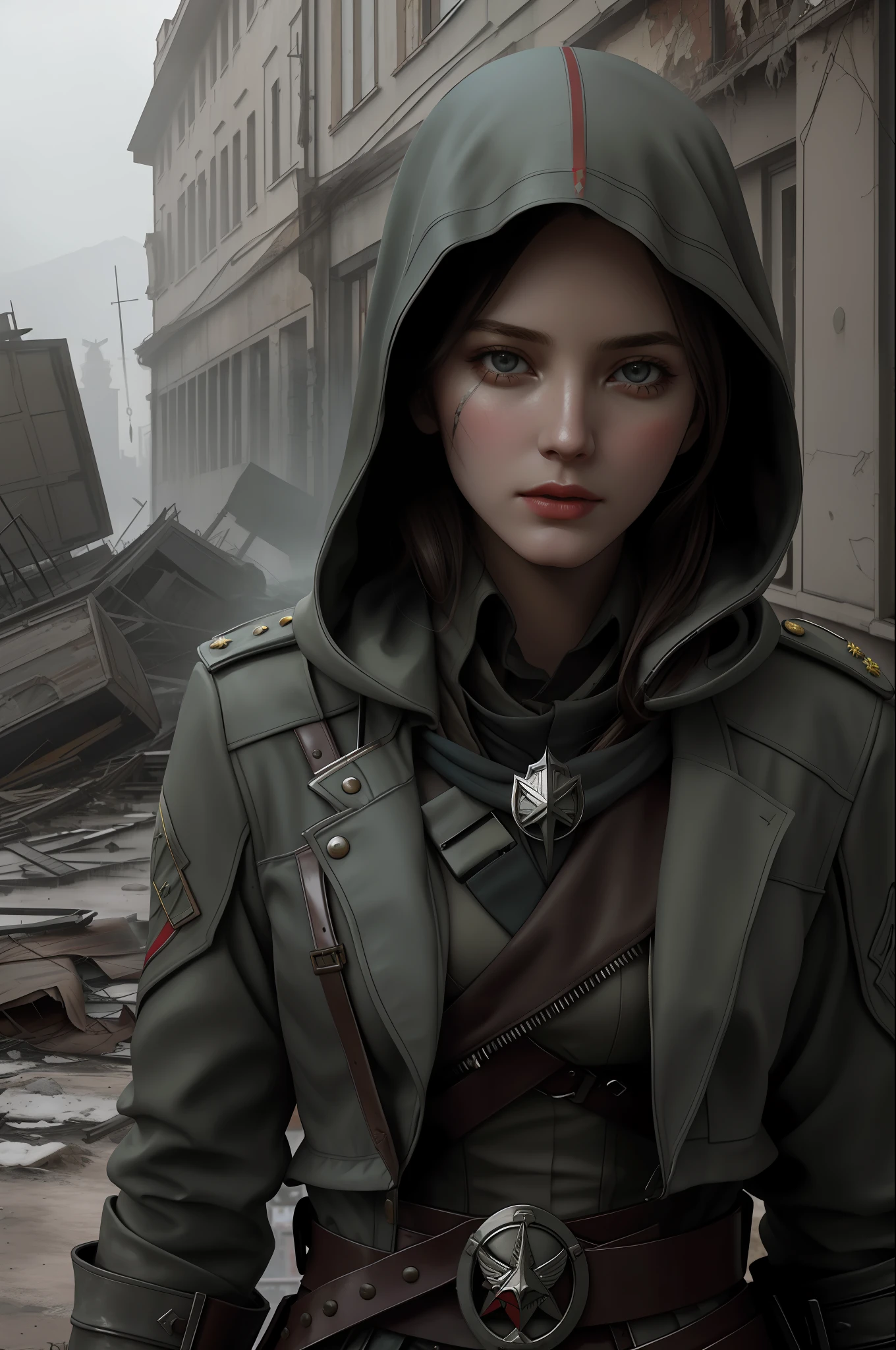 Create a compelling Assassin’s Creed Concept Art piece inspired by the WW2 era, crafted in the style of ultra-realistic visuals with meticulous attention to detail. Portray a young and captivating European girl adorned in a worn Soviet military uniform, her face obscured by a hood. Set the scene amidst the haunting aftermath of a battlefield, showcasing the devastation and destruction left in the wake of war. Emphasize the realism and intricacy of the environment, capturing the gritty textures, shattered structures, and somber atmosphere in stunning 8K resolution.