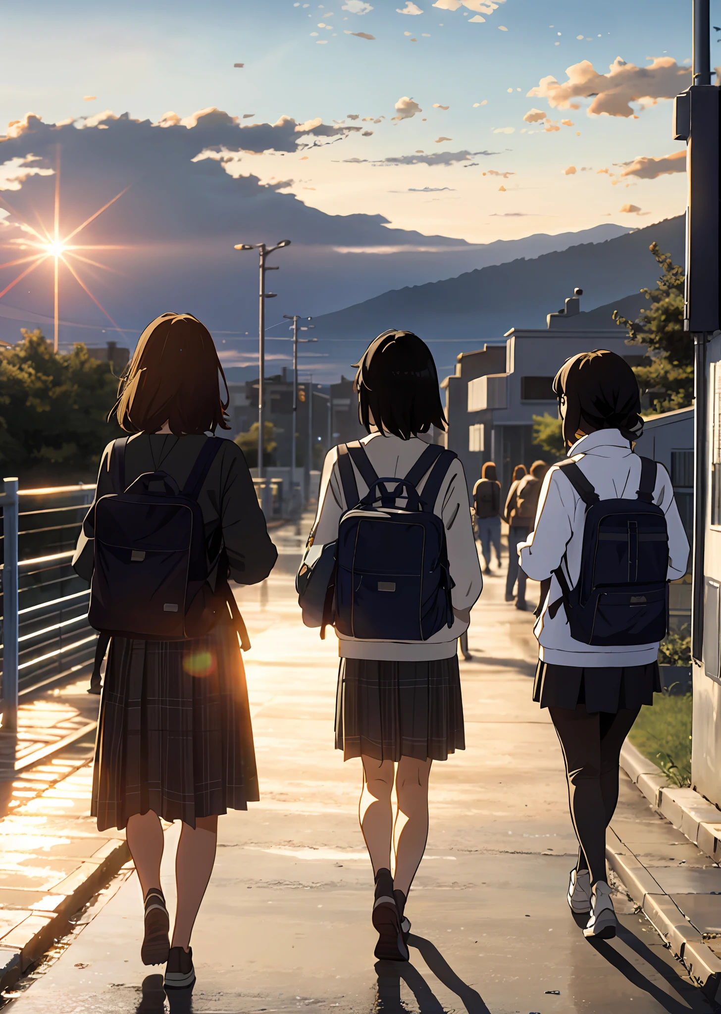[three women with their backs turned with backpacks on their backs]::1, [School as background]::2, sunrise