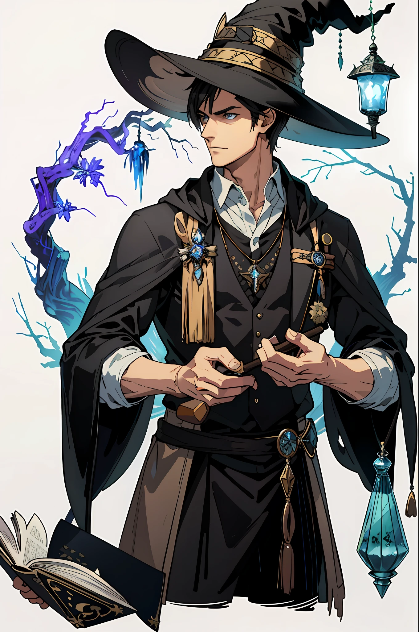 masterpiece, best quality, 1 male, adult, tall muscular, handsome, finely detailed eyes, intricate details, wizard, black hat with a pointed brim, broomstick with a carved handle, spellbook with a variety of spells, potion bottles with various ingredients, enchanted forest with a hidden wizard hut