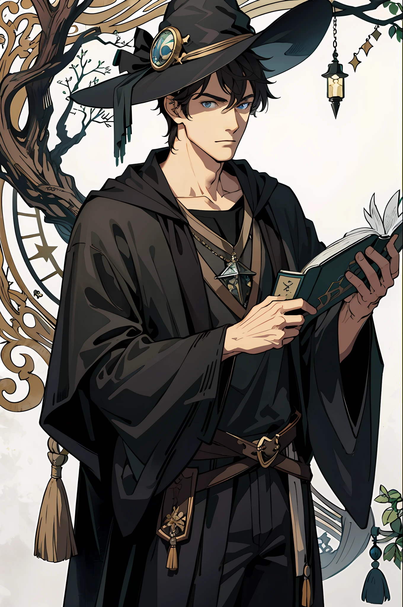 masterpiece, best quality, 1 male, adult, tall muscular, handsome, finely detailed eyes, intricate details, wizard, black hat with a pointed brim, broomstick with a carved handle, spellbook with a variety of spells, potion bottles with various ingredients, enchanted forest with a hidden wizard hut