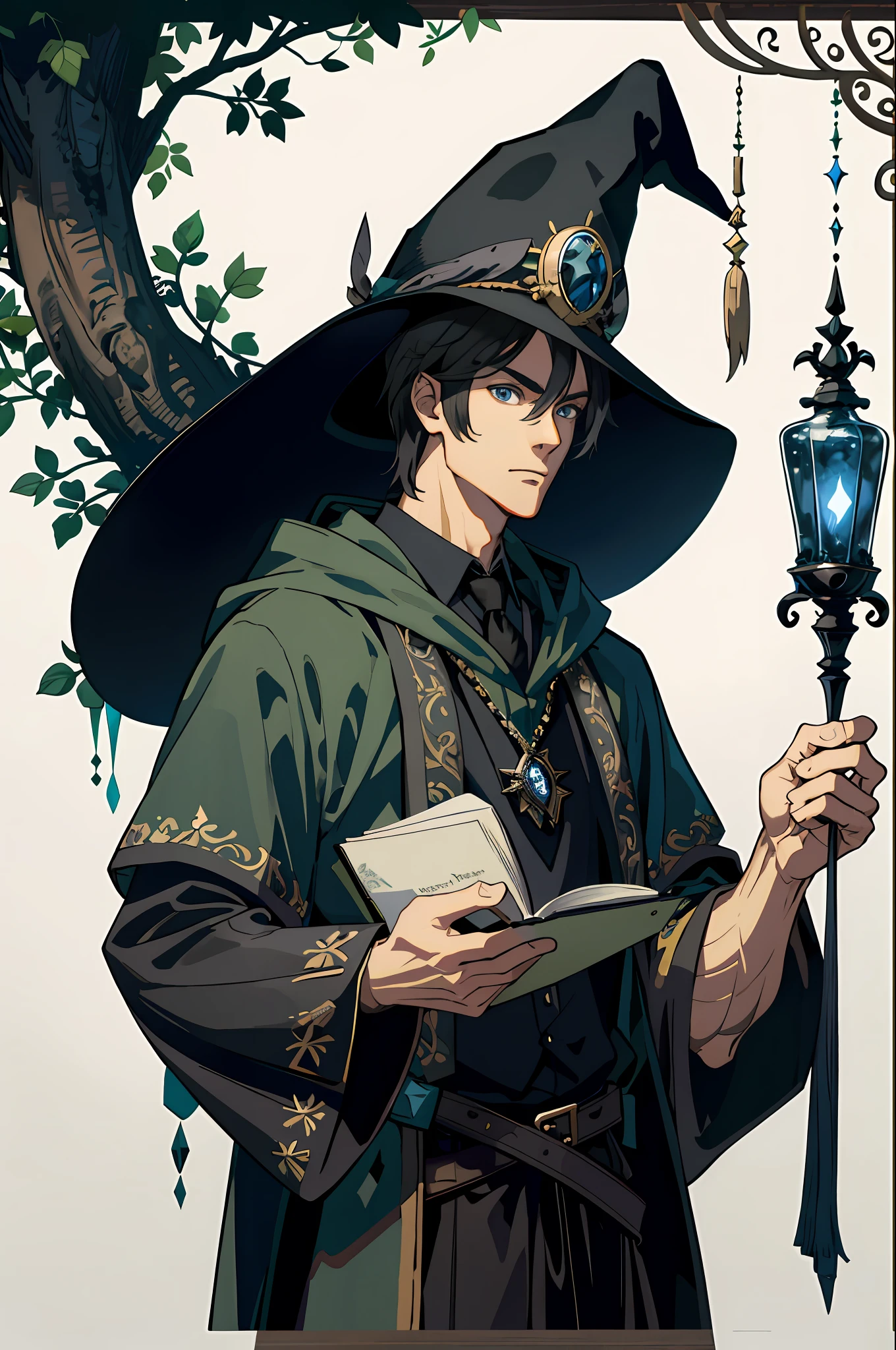 masterpiece, best quality, 1 male, adult, tall muscular, handsome, finely detailed eyes, intricate details, wizard, black hat with a pointed brim, broomstick with a carved handle, spellbook with a variety of spells, potion bottles with various ingredients, enchanted forest with a hidden wizard hut