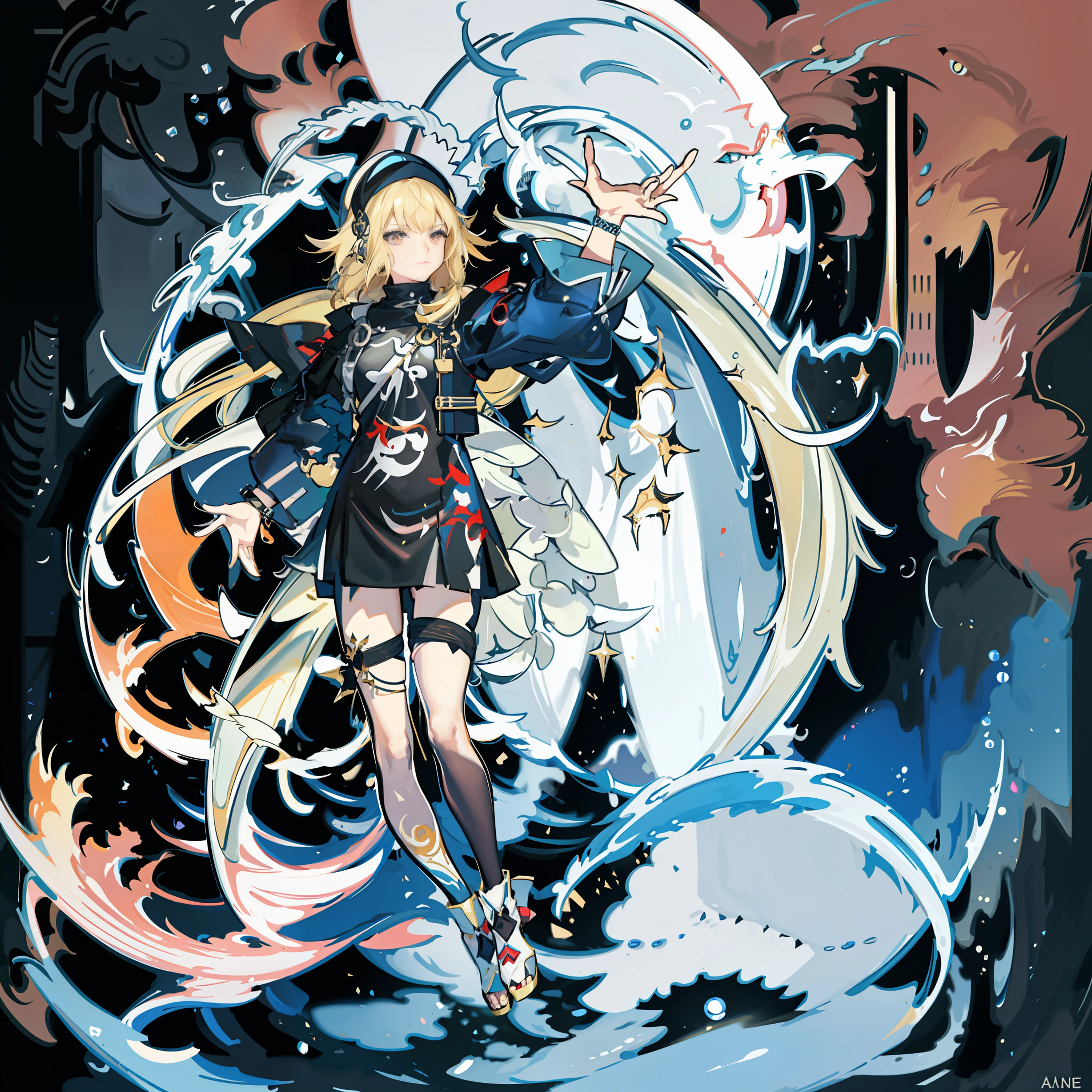 Anime girl with sword and dragon on black background, best anime 4k konachan wallpaper, anime abstract art, intricate gorgeous anime CGI style, exquisite details. Anime, anime fantasy illustration, anime monster girl, dark psychedelic, digital art on pixiv, anime graphic illustration, kantai collection style, twisted twist of destiny abstraction