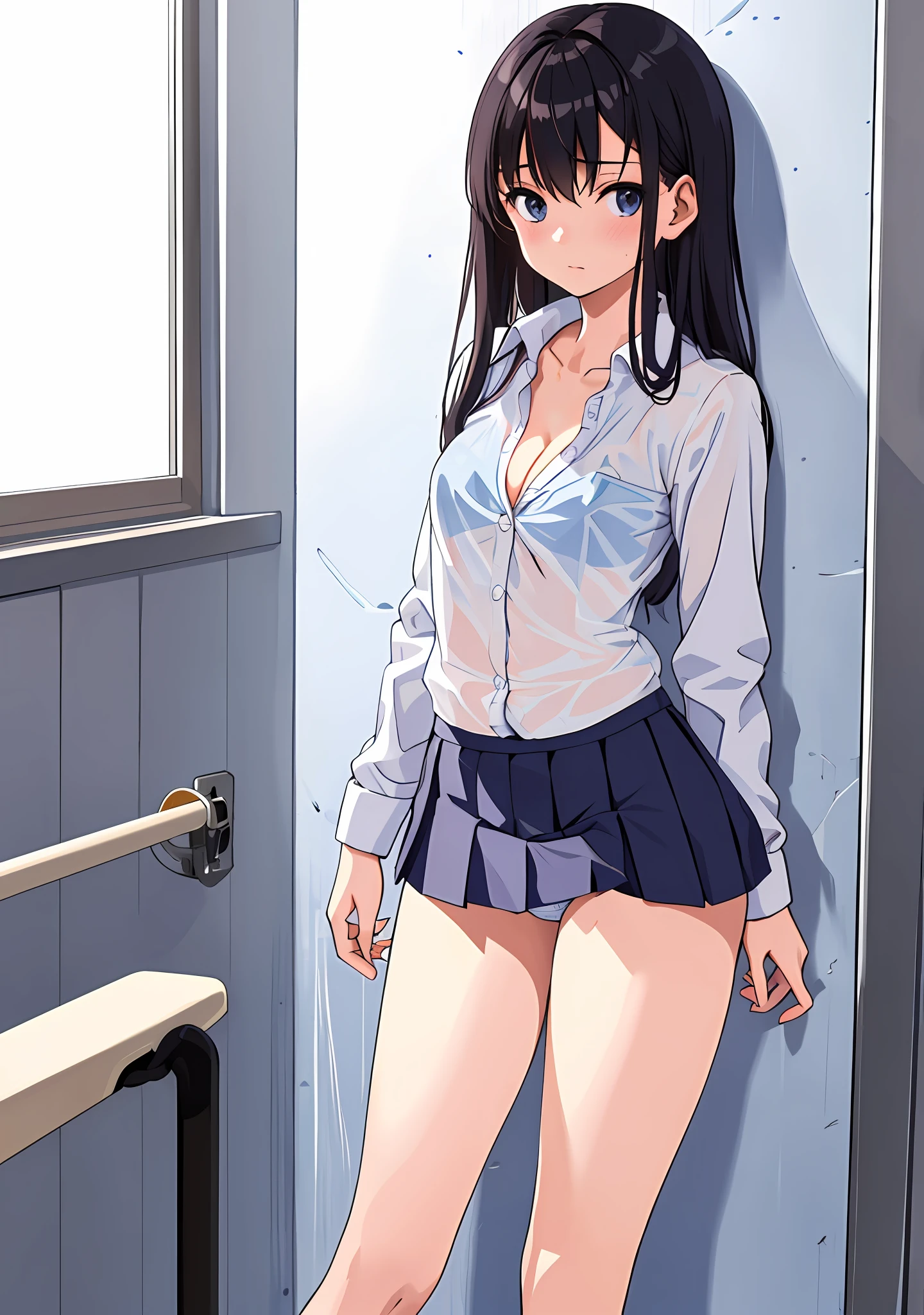 (masterpiece, best quality), 1girl, nsfw, schoolgirl uniform, shy, showing off, flat chest, cleavage, panties, see through, nipplesout, bra, , shower