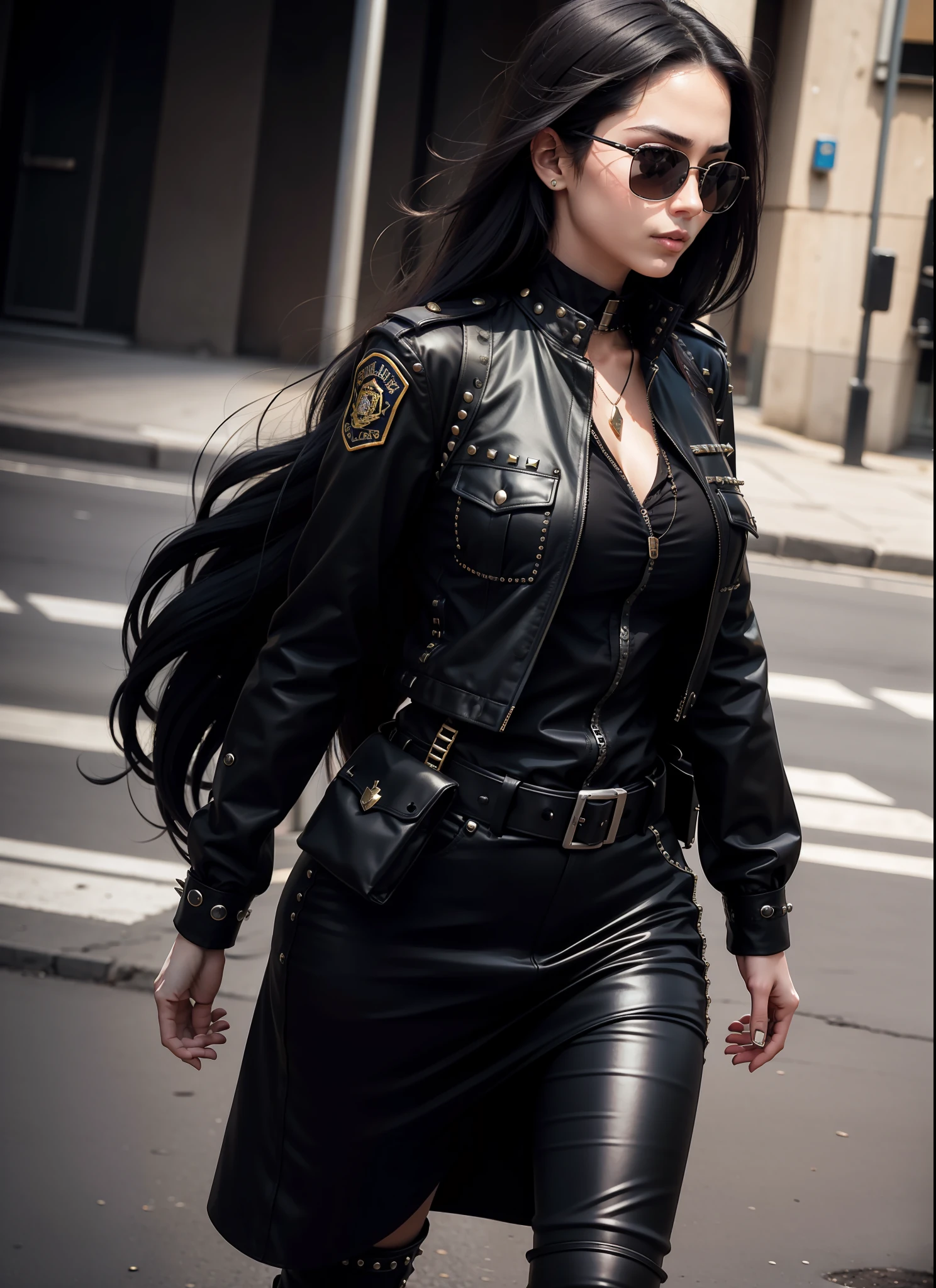 police, beautiful woman, medium dark long hair, black sunglasses, black clothes, rivets, just one body, walking, front view