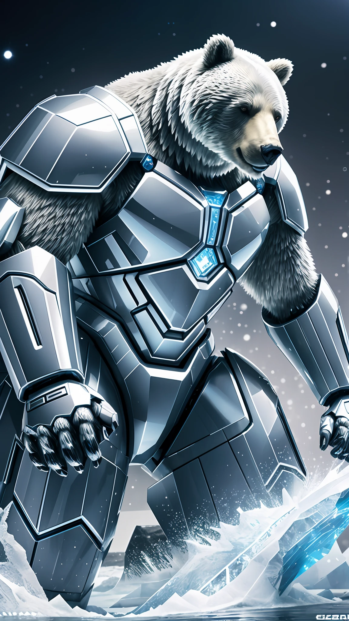 "Glacial Metallic Bear"  Description: This NFT represents a majestic White Robotic Bear, with its shimmering silver and blue-toned coating evoking the coldness and elegance of an iceberg. Every meticulously modeled detail, from its powerful claws to its piercing eyes, captures the perfection and sophistication of the robotic form. With its gleaming metallic appearance, this NFT is a true digital artwork that combines the raw strength of the bear with technological aesthetics. --auto --s2