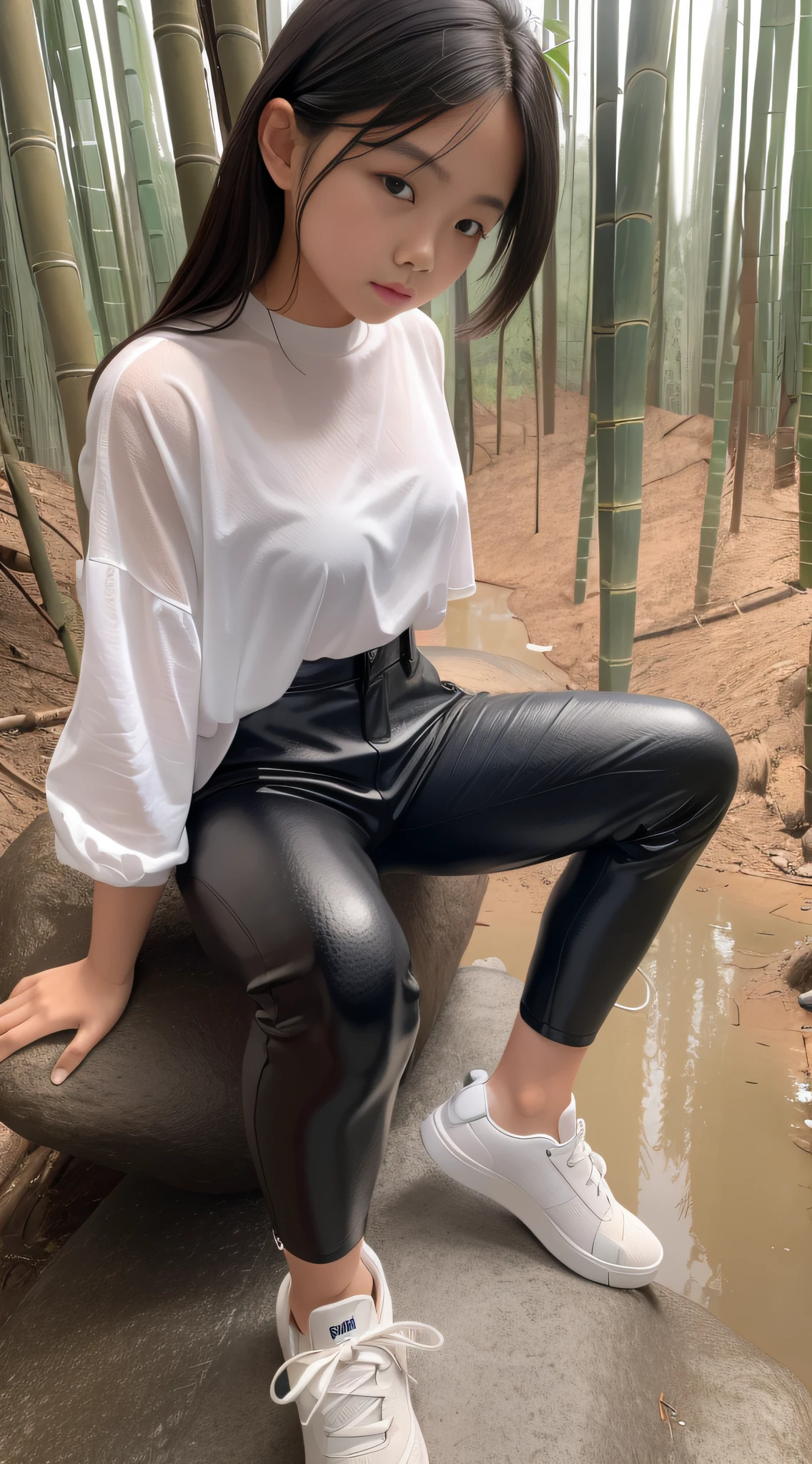 A girl wearing a soaked white shirt, black leather pants and sneakers sits on a large rock in a bamboo forest, looking down from above