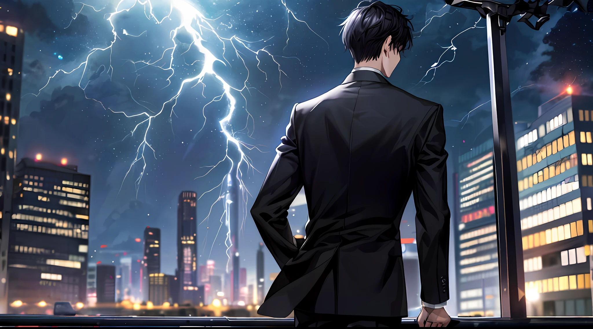 1boy, adult, black suit, jacket, white shirt, tie, pants, black hair, best quality, staff, city, street, detail background, depth of field, background blur, starry sky, darkness, lightning, back