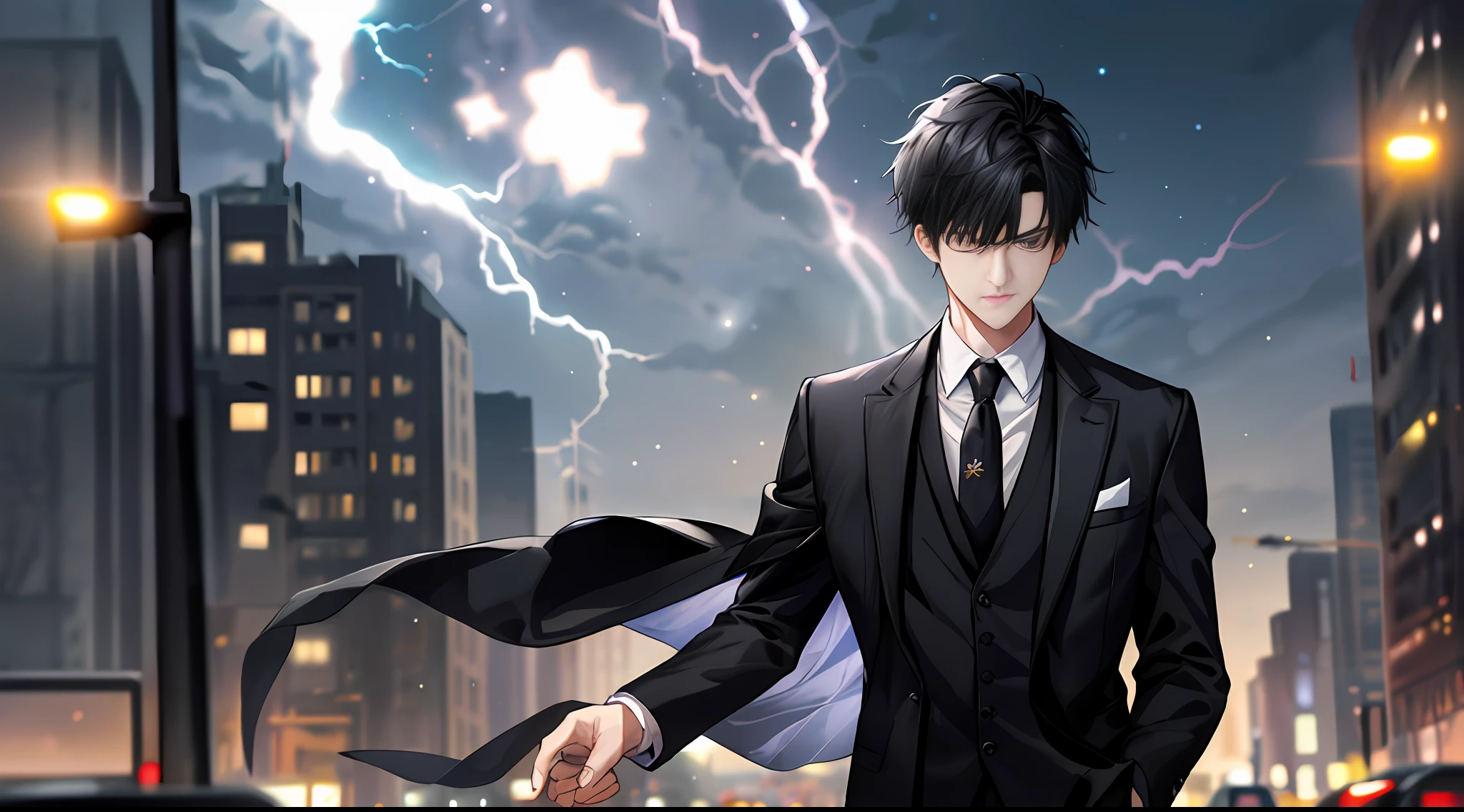 1boy, adult, black suit, jacket, white shirt, tie, pants, black hair, best quality, staff, city, street, detail background, depth of field, background blur, starry sky, darkness, lightning, back