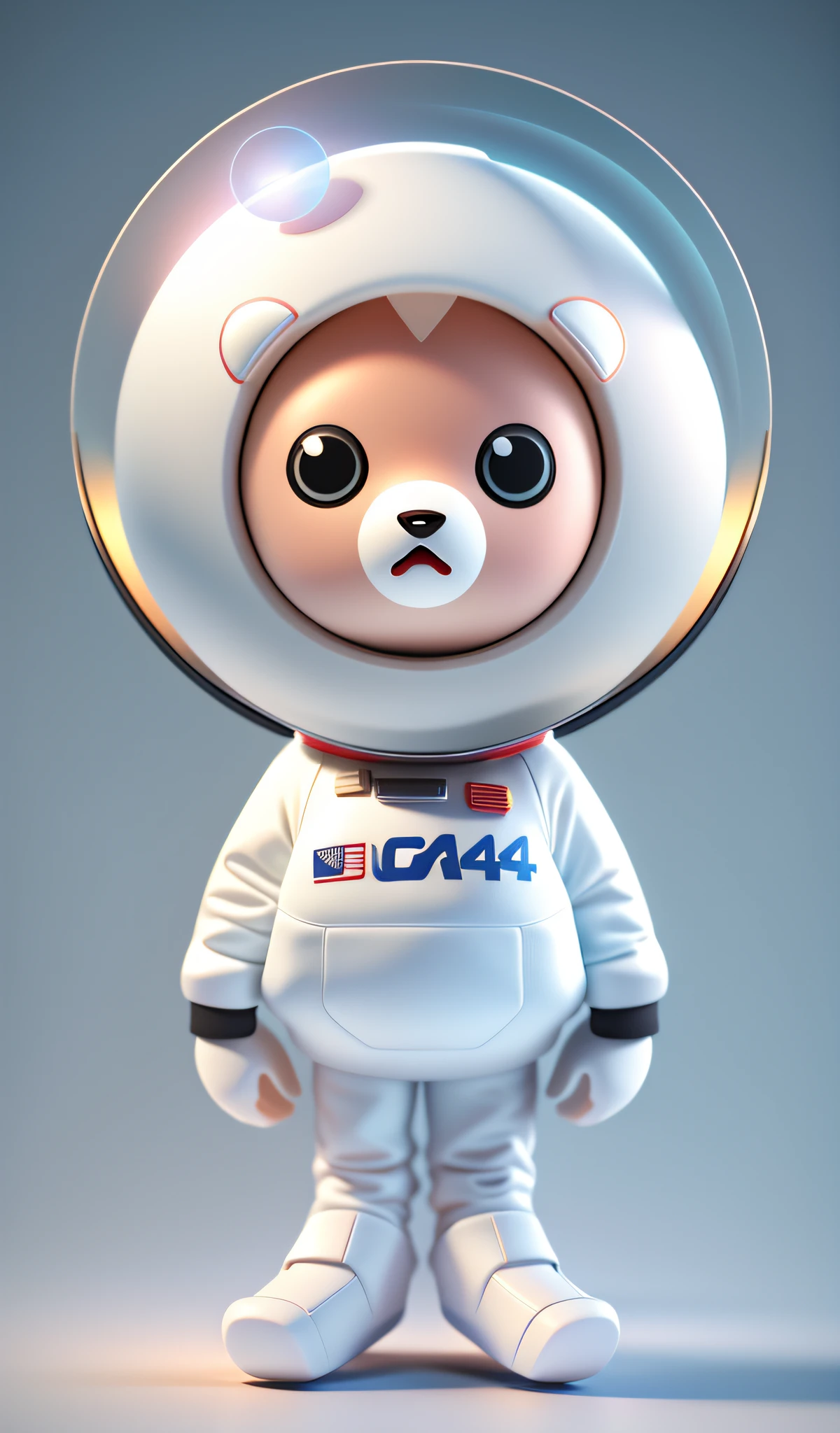 (C4d rendering), 3d rendering, bear with astronaut helmet, wearing white spacesuit, glass spacesuit, white pants, white shoes, blind box toy style, round eyes, white face, black head