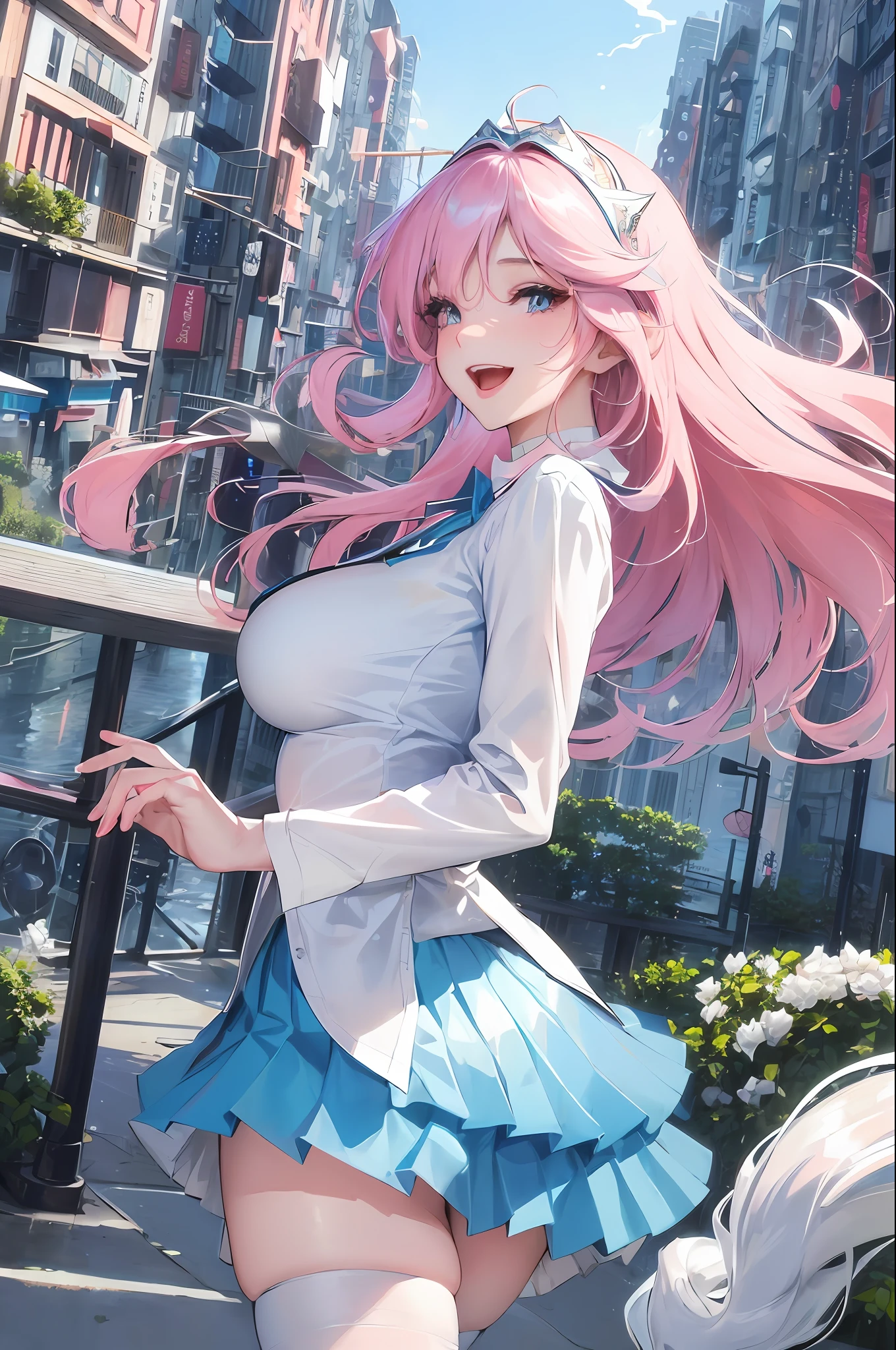 Official Art, Masterpiece, Sharp Focus, (Beautiful Gorgeous Cute Korean Woman: 1.3), (Beautiful Cute Korean: 1.3), Korean Beauty, Delicate Beautiful Hair and Eyes and Face, Realistic, Ultra Detailed, Beautiful Girl, Blue Sky, Glowing White Particles, (Sidelighting: 1.2), Sunlight, White Clouds, Delicate Clouds, Slender, Cute Big Breasts Big Buttocks, Toothy Laughing, ((Laughing with Eyes Open)), Landscape, Long Straight Hair, Sexy Facial Expressions, Architecture, ( Cityscape:1.7), Dynamic Hair, Long Straight Hair, Delicate Platinum Pink Hair, Glow Blue Eyes, (Blue Pleated Shirt + White Skirt), White Stockings, Pale Skin, Hair Accessories, Epic Landscape, Leaky Feet