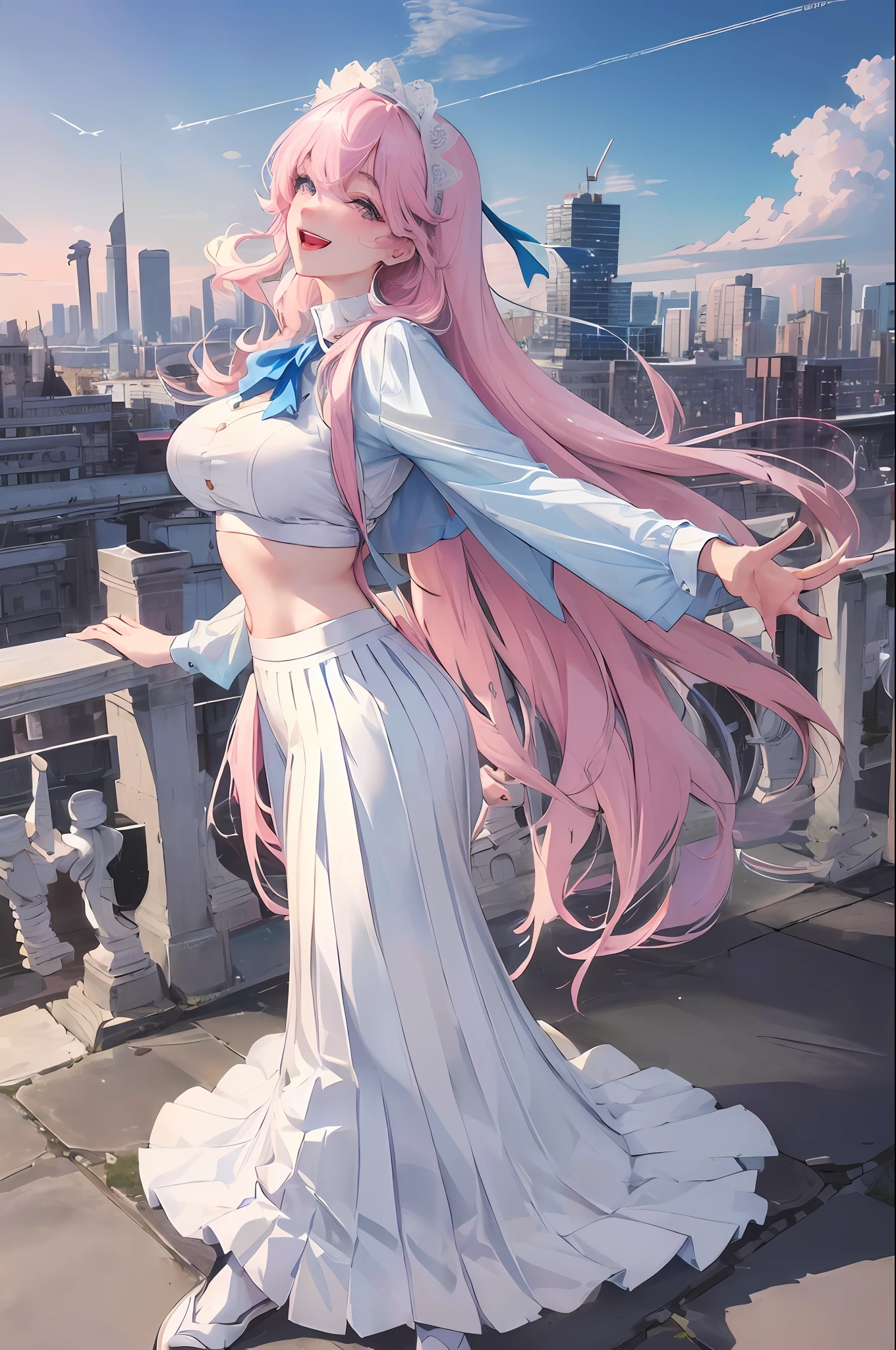 Official Art, Masterpiece, Sharp Focus, (Beautiful Gorgeous Cute Korean Woman: 1.3), (Beautiful Cute Korean: 1.3), Korean Beauty, Delicate Beautiful Hair and Eyes and Face, Realistic, Ultra Detailed, Beautiful Girl, Blue Sky, Glowing White Particles, (Sidelighting: 1.2), Sunlight, White Clouds, Delicate Clouds, Slender, Cute Big Breasts Big Buttocks, Toothy Laughing, ((Laughing with Eyes Open)), Landscape, Long Straight Hair, Sexy Facial Expressions, Architecture, ( Cityscape:1.7), Dynamic Hair, Long Straight Hair, Delicate Platinum Pink Hair, Glow Blue Eyes, (Blue Pleated Shirt + White Skirt), White Stockings, Pale Skin, Hair Accessories, Epic Landscape, Leaky Feet