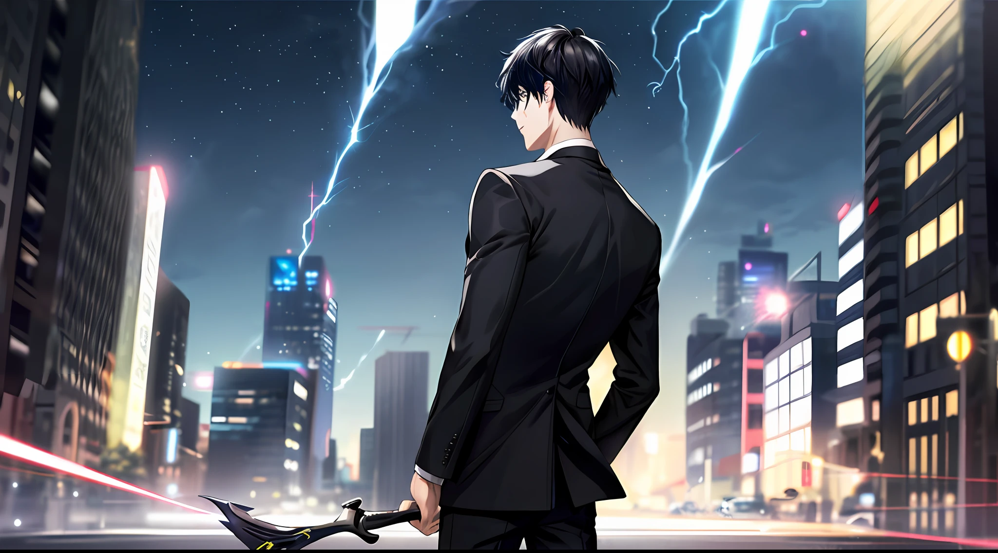 1boy, adult, black suit, jacket, white shirt, tie, pants, black hair, best quality, staff, city, street, detail background, depth of field, background blur, starry sky, darkness, lightning, back