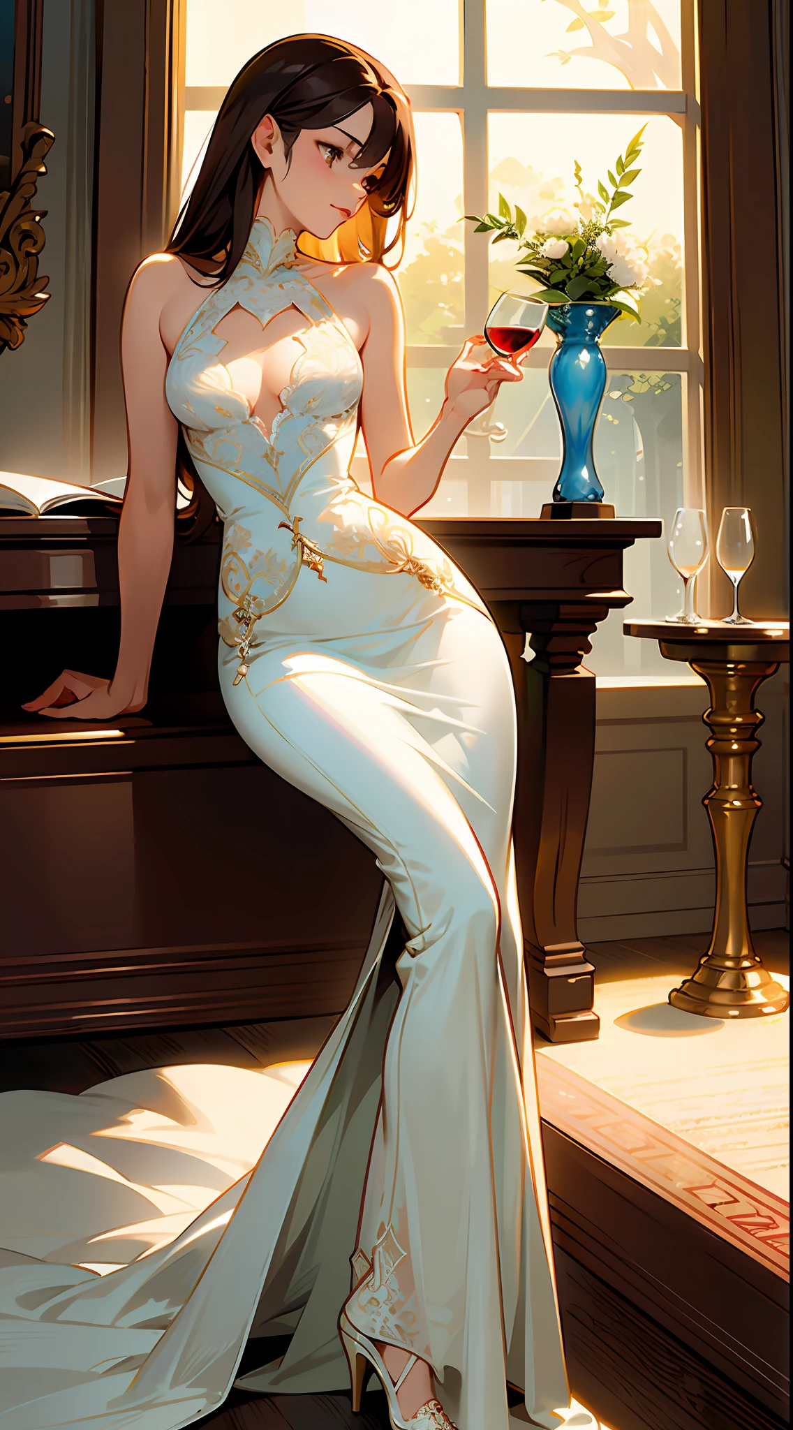 ((masterpiece,ultra-detailed, intricate details, best quality,illustration)),1girl, solo, brown hair, white dress, glass, restaurant, night, indoor, luxury, elegant, sophisticated, classy, fashionable, chic, attractive, charming, gorgeous, stunning, charming, cute, charming, charming, beautiful, delicate face, beautiful and delicate eyes, soft expression, full lips, slender body, curvy, hourglass body, medium bust, slender arms, graceful hands, slender fingers, delicate wrists, elegant neck, bare shoulders, smooth skin, slender waist, flowing skirt, intricate lace pattern, translucent fabric , high slit, long skirt, elegant heels, intricate design, white color scheme, subtle shadows, dim lighting, warm colors, wooden furniture, comfortable seats, smooth tables, crystal glassware, condensation on glass, wine, drinks, beverages, refreshing, fragrant, sparkling, crisp, effervescent, mouthwatering, fresh atmosphere, relaxation, peace, serenity, serenity, soothing, cozy atmosphere, complex background music, live jazz performance, subtle sounds, soft murmur, Environmental noise, artistic composition, visual impact, harmonious color scheme, balanced composition, professional execution
