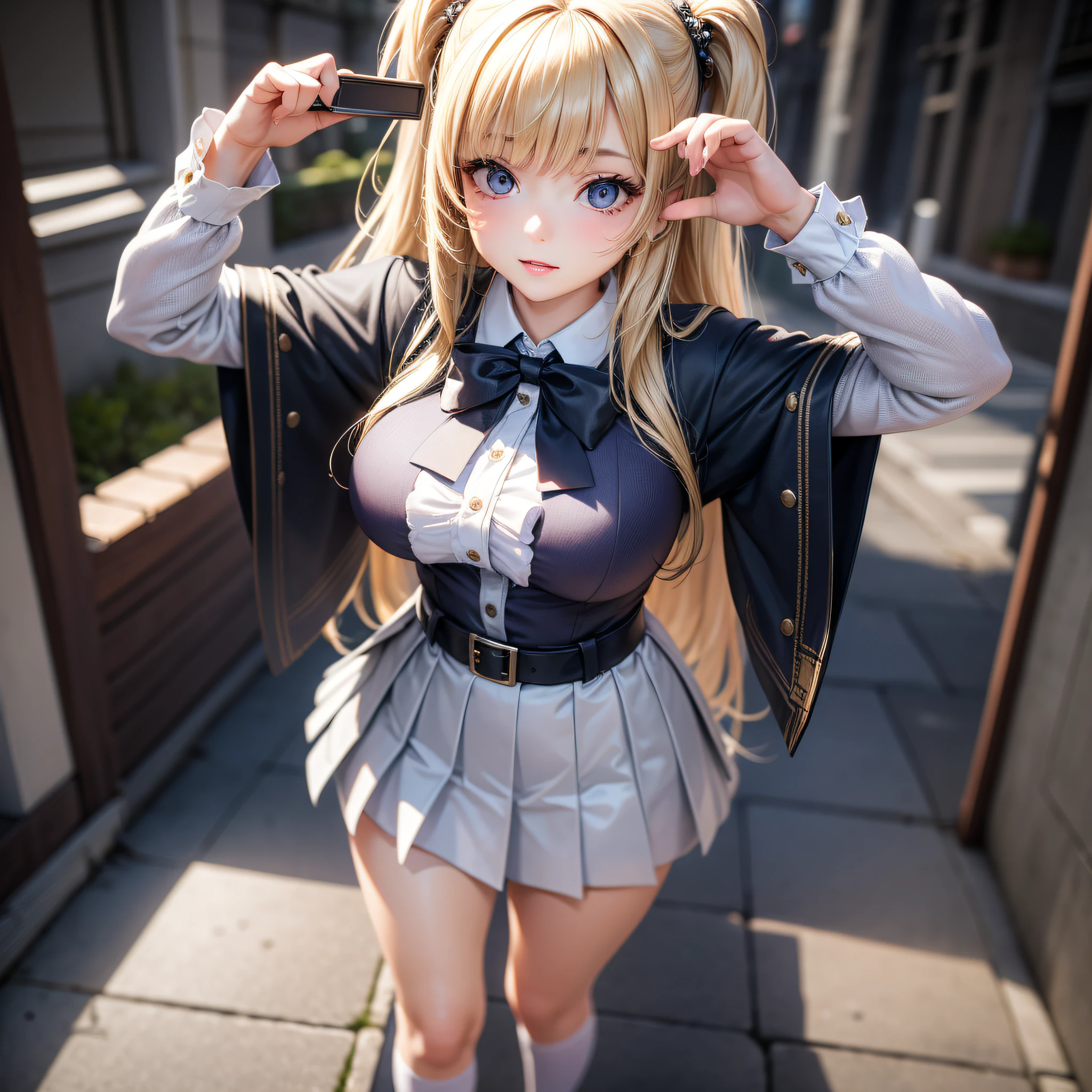 ((Best Quality)), ((Masterpiece)), (High Definition:1.3), 3D, Beautiful,(Masterpiece),(Full body, Full body), Realistic, Beautiful body, Beautiful breasts, Beautiful face, Cute face, Cropped bangs, Beautiful girl, Beautiful eyes, Perfect eyes, Platinum blonde hair, Very cute, (Put your head in a frame), Centered image, Life-size, 8K resolution, detailed human hands, elegant, close to perfect, Detailed details, highly detailed, amazingly beautiful teenage girl, detailed hairstyle, Japan school uniform, schoolgirl