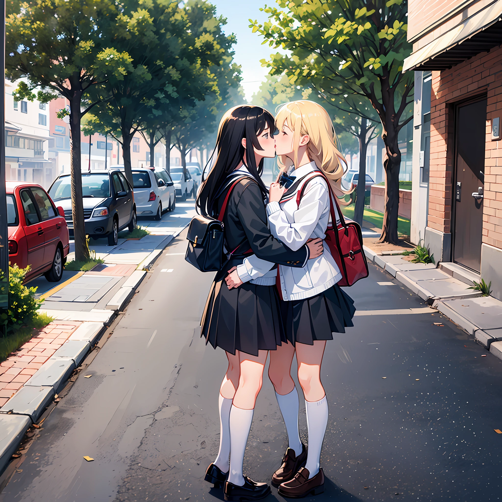 two female school girls kissing each other on the street, in front of a white car, multiple girls, ground vehicle, kiss, 2girls, bag, skirt, black hair, school uniform, motor vehicle, blonde hair, yuri --auto --s2