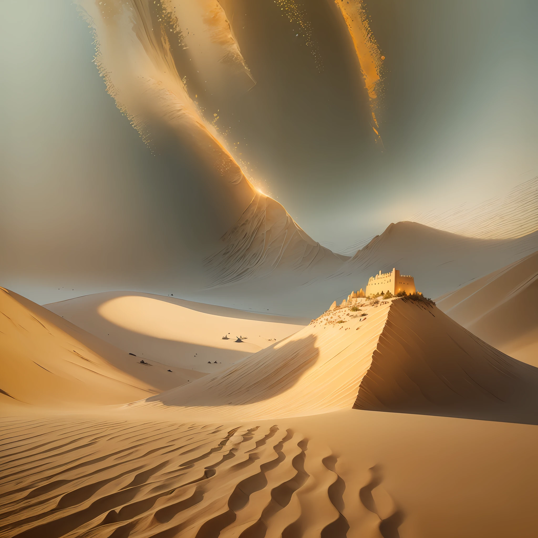 Computer Visualized Graphics, Watercolor Drawing, Realistic Fantasy, Extensive Landscape Ultrasound Photography (General View Showing Glass Glass, Grains of Sand, Sand, Dune, Desert, Sand Castle, Sand Wind), Blurred Background, Gloomy, Yellow, Orange, Gray, Sand Background, Warm, Magic, Sky --auto --s2