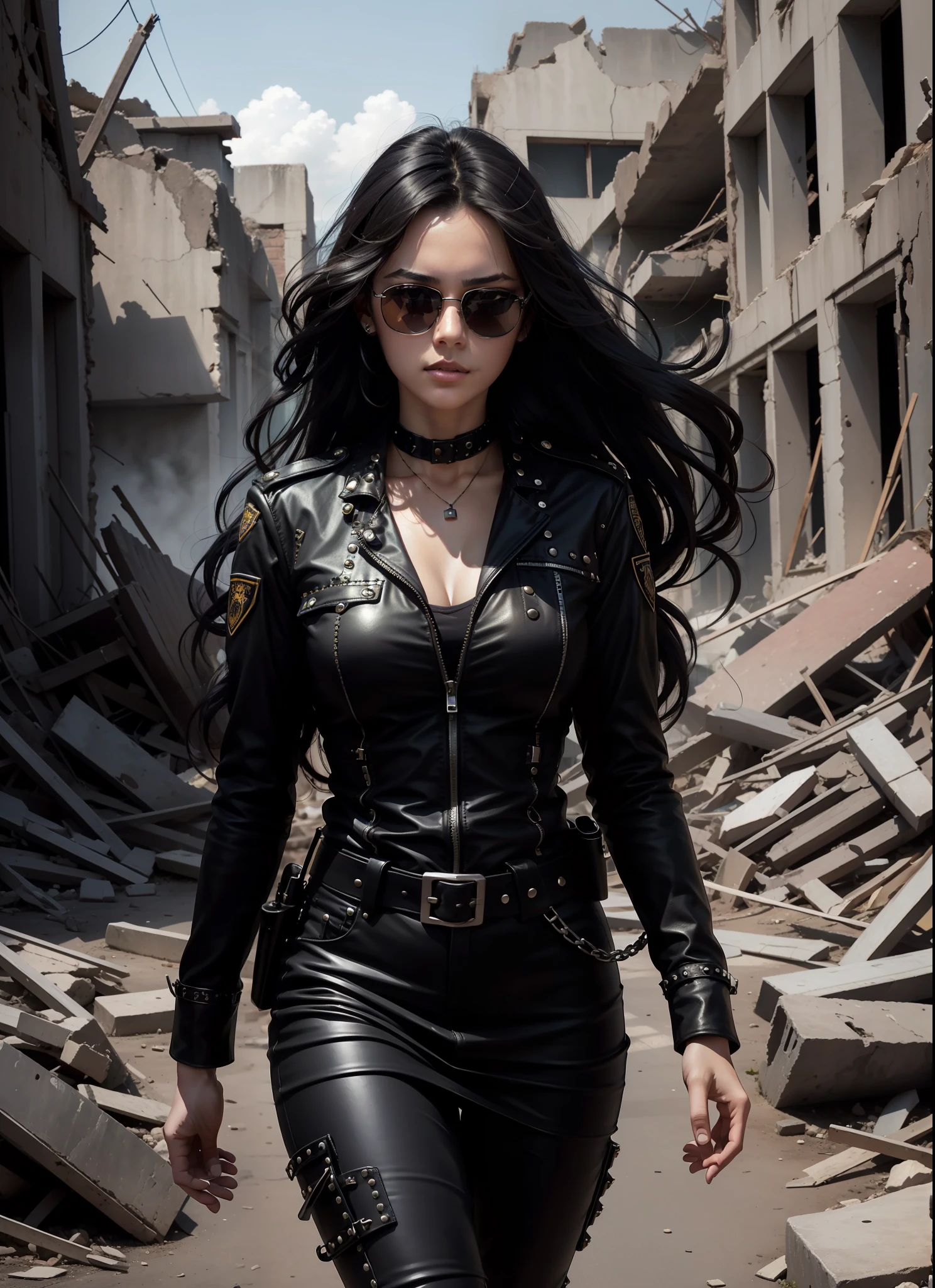 police, beautiful woman, medium dark long hair, black sunglasses, black clothes, rivets, just one body, walking, in the ruins