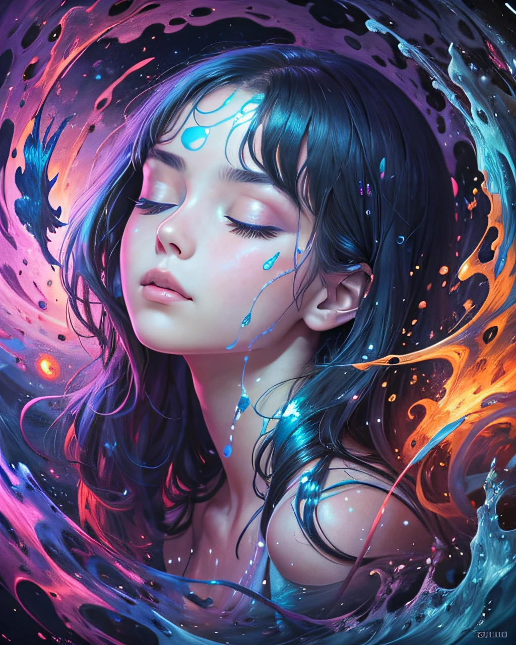 "An otherworldly masterpiece of the highest quality, featuring a captivating 1girl with her eyes closed and her upper body transfixed as she splashes amidst a sea of abstract, psychedelic visuals."