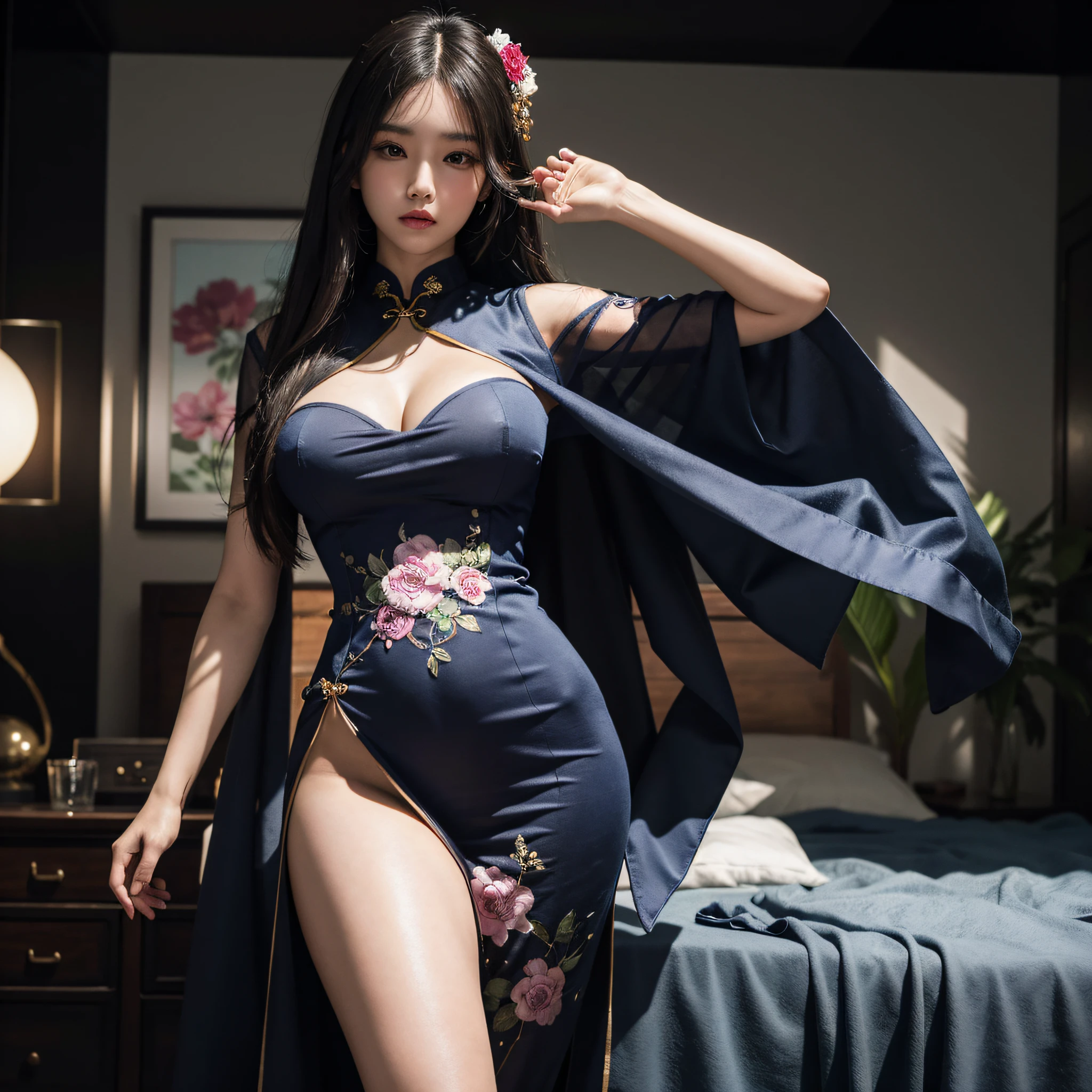 best quality,masterpiece,illustration,an extremely deciple and beautiful,extremely detailed,CG,unity,8k wallpaper,Amazing,finely detail,master,best quality,official art, extremely detailed CG unity 8k wallpaper,huge file size, super detailed, high resolution, very detailed, pretty detailed girl, very detailed eyes and face, beautiful detailed eyes,,(transparent cheongsam: 1.1), 1girl, full body, full body photo, huge breasts, sexy pose, revealing clothes. Transparent clothes, buttocks, back photos