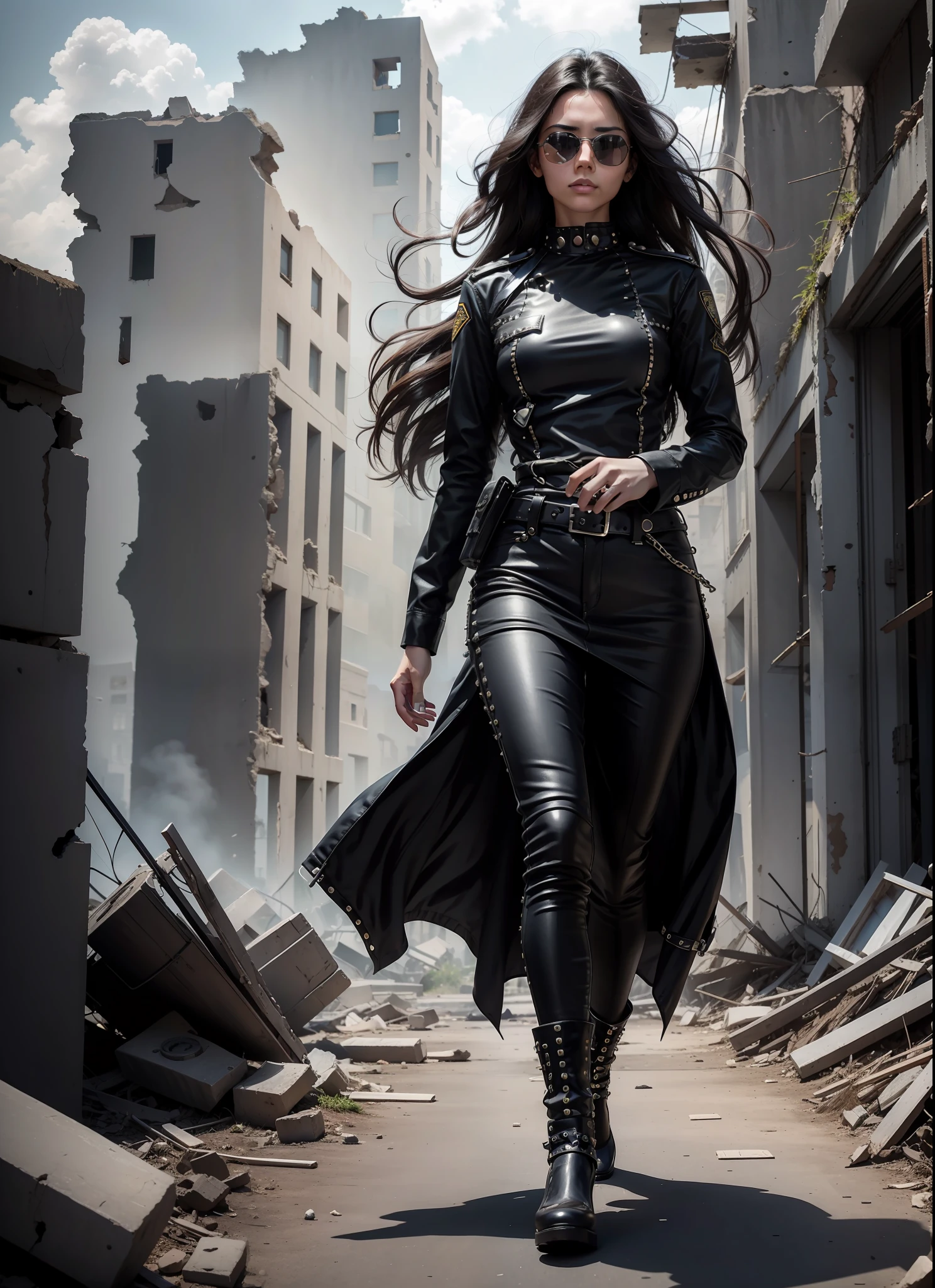 police, beautiful woman, medium dark long hair, black sunglasses, black clothes, rivets, just one body, walking, in the ruins