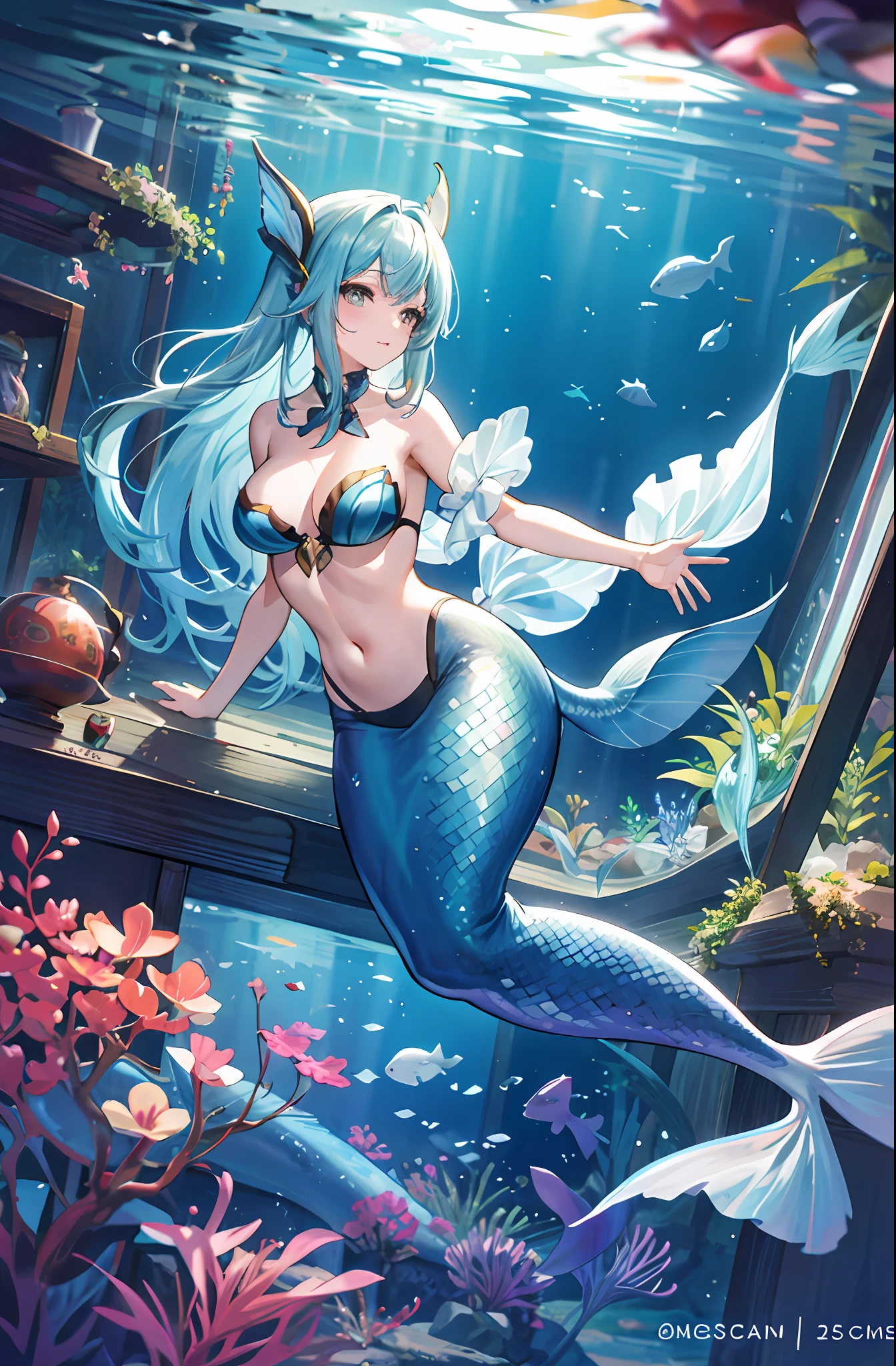 1 mermaid, beautiful tail, in the fish tank, full breasts, exposed side breasts, tail splashing