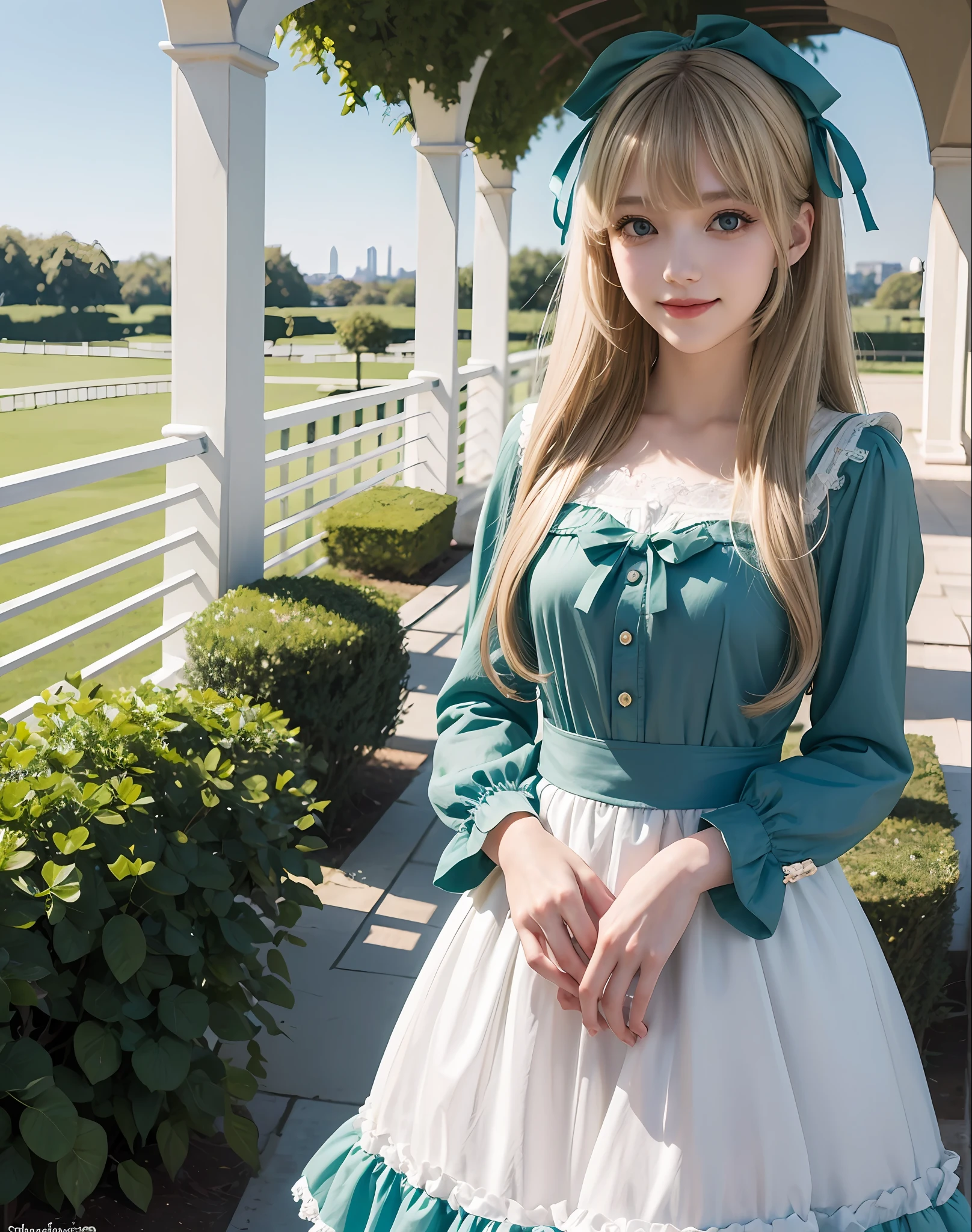 masterpiece, park, blue sky, fine blonde, long hair, long eyelashes, green eyes, smile, hair ribbon, gentle expression, bangs bangs, lolita fashion, full body photo