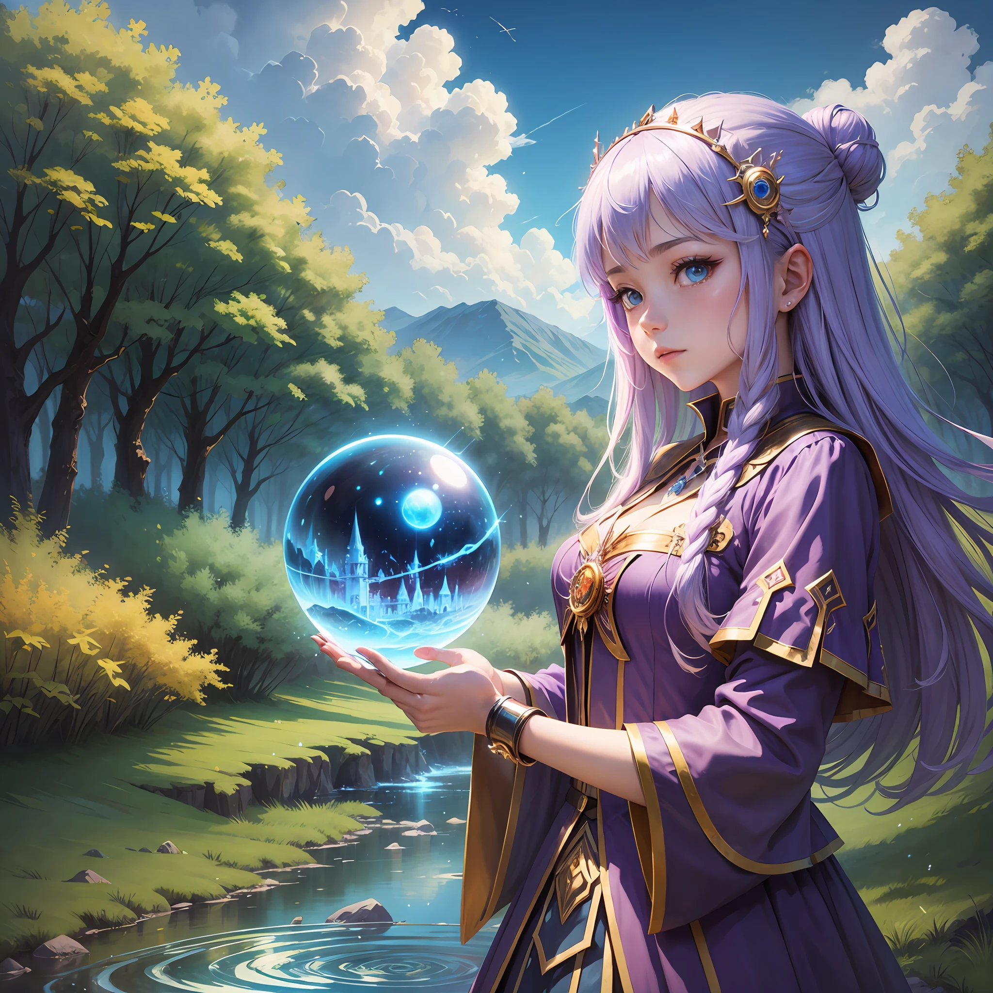 Magic Apprentice Maiden, Magic Array, Crystal Ball, Grassland, Sky, Clear Stream