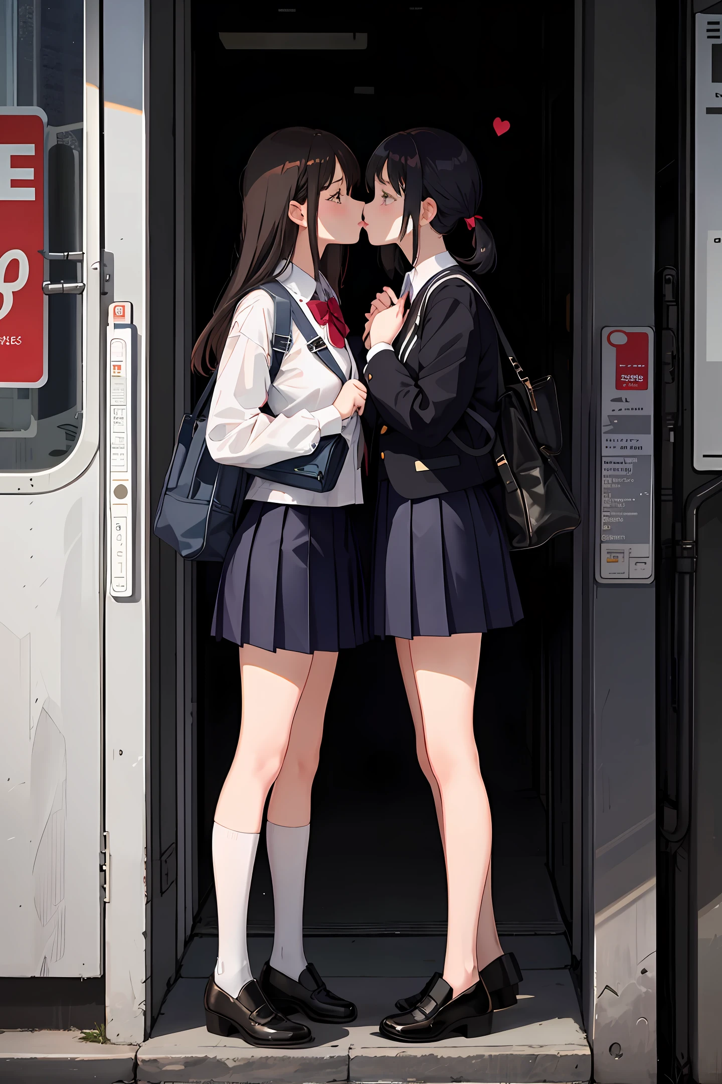 two women kissing outside of two buildings in the city somewhere, the white bus is passing by, multiple girls, ground vehicle, kiss, 2girls, bag, skirt, black hair, school uniform, motor vehicle, blonde hair, yuri symbol-shaped pupils, heart-shaped pupils, from side, uncensored