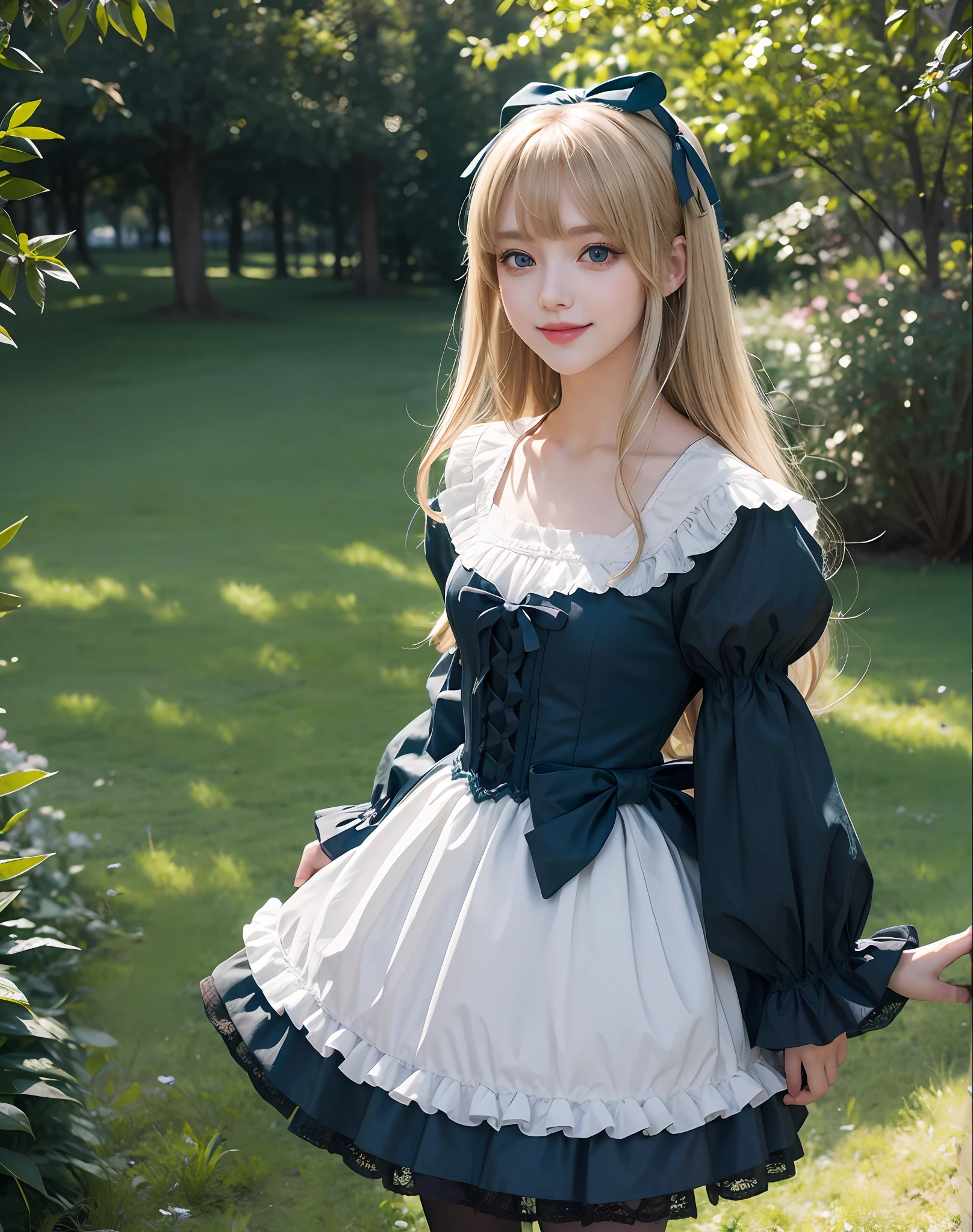 masterpiece, park, blue sky, fine blonde, long hair, long eyelashes, green eyes, smile, hair ribbon, gentle expression, bangs bangs, lolita fashion, full body photo