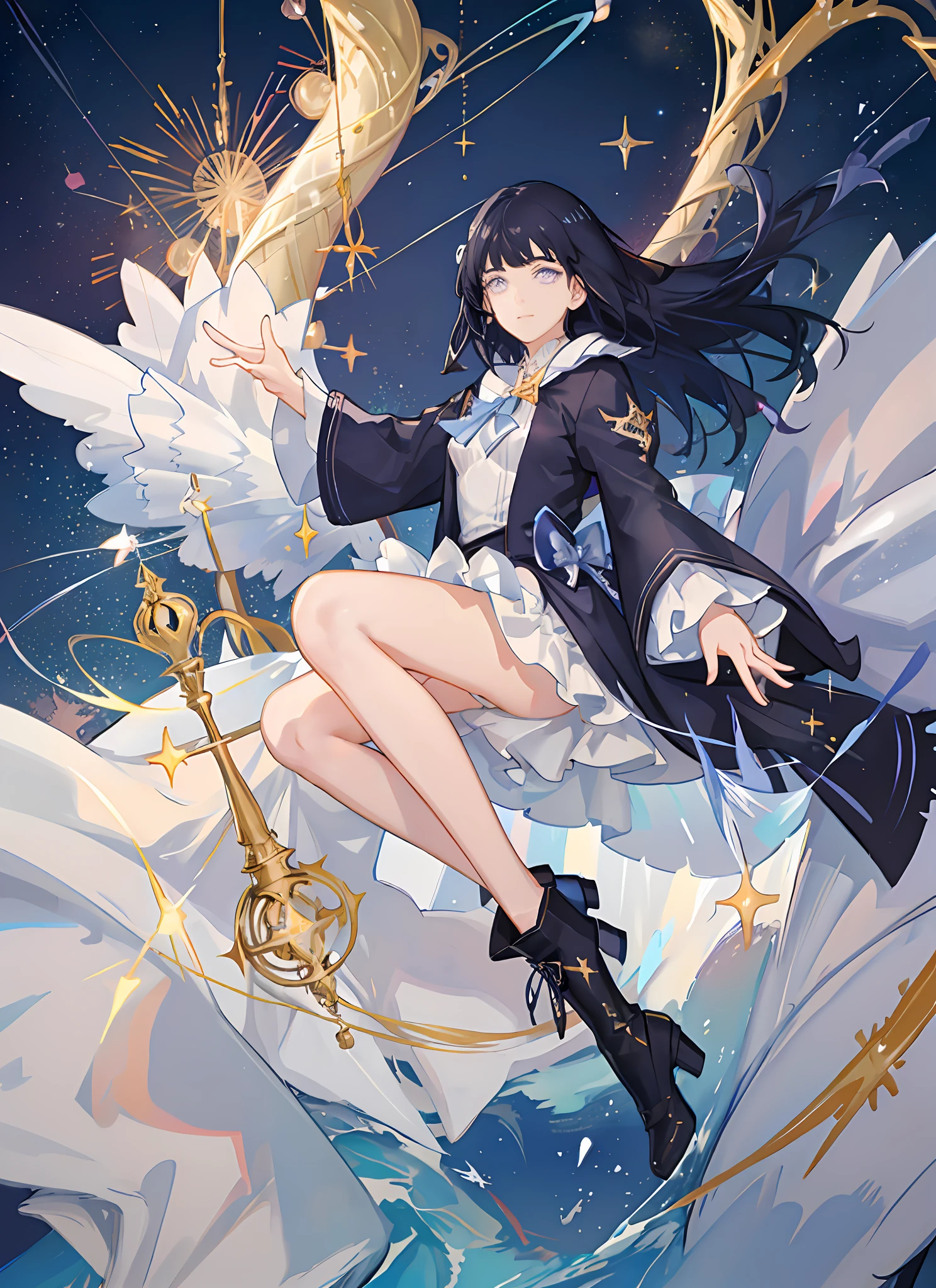 ((magical girl)), ((gorgeous starry sky background)), ((ultra-detailed)), ((best illustration)), ((cinematic lighting)), dynamic angle, floating, finely detailed, (glitter:1.2), (sparkle:1.2), (shine:1.2), classic, (painting:1.1), (sketch:1.1), (best quality), (masterpiece:1.2), (anime style), (solo), beautiful detailed face, (cute face:1.3), (big eyes:1.3), dark blue hair, (long hair:1.2), (floating hair:1.2), (magical girl outfit), detailed outfit, (sparkling wand:1.3), (magical effects:1.3), (flowing skirt:1.2), (cute boots:1.1), (transparent fabric:1.1), (twinkle:1.2), (glow:1.2), (radiance:1.2), (flicker:1.2), (dazzle:1.2), blunt bangs, purple eyes