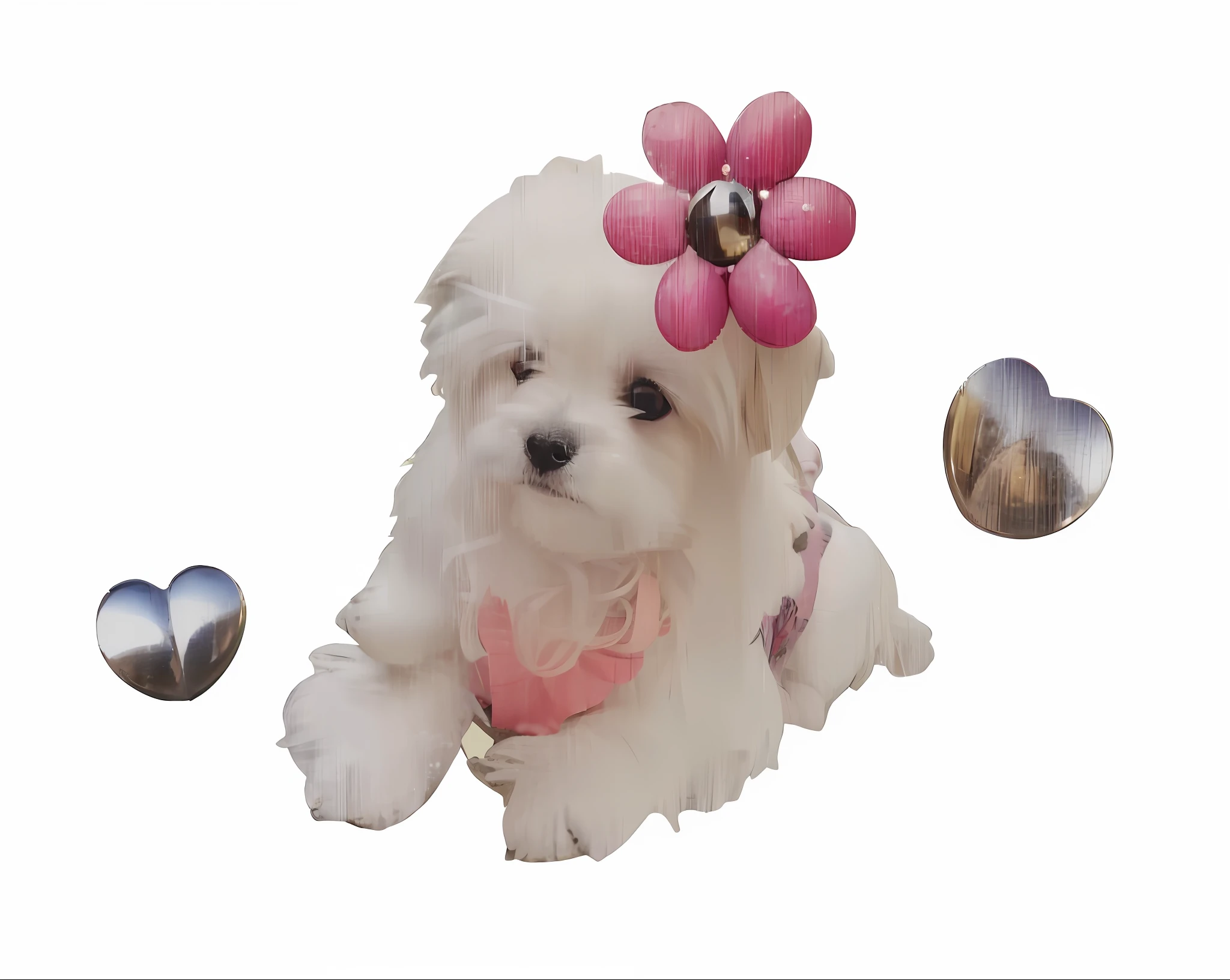there is a white dog with a pink flower on its head, puppy, cute dog, small white dog at her side, pretty girl, kawaii cute dog, small dog, fluffy'', cute adorable, very cute features, beautiful cute, super adorable, cute girl, beautiful”, adorable, bella, photo of a beautiful, cute beautiful, very sweet, cute features