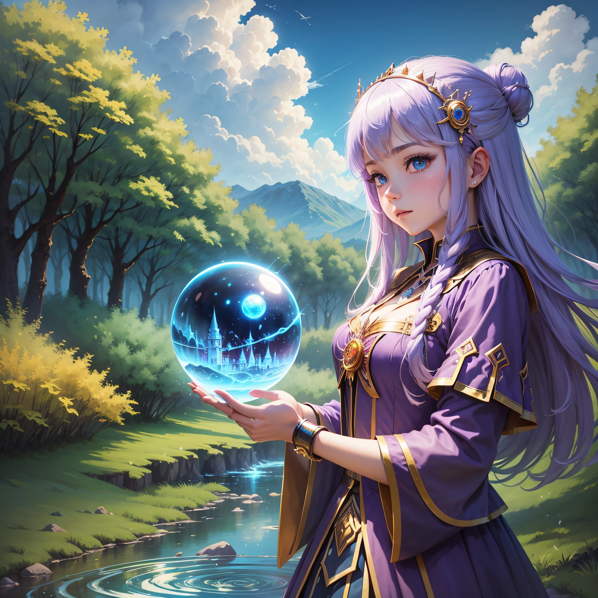 Magic Apprentice Maiden, Magic Array, Crystal Ball, Grassland, Sky, Clear Stream