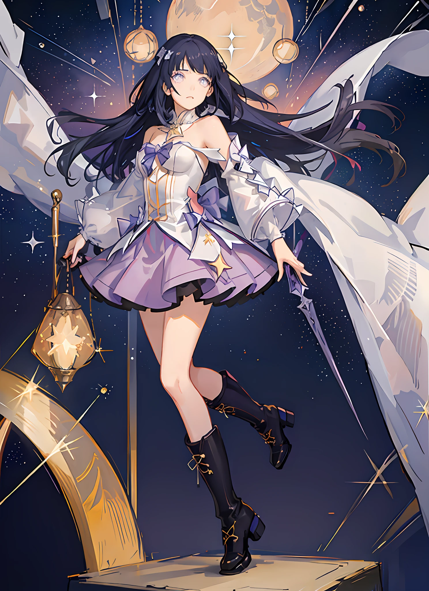((magical girl)), ((gorgeous starry sky background)), ((ultra-detailed)), ((best illustration)), ((cinematic lighting)), dynamic angle, floating, finely detailed, (glitter:1.2), (sparkle:1.2), (shine:1.2), classic, (painting:1.1), (sketch:1.1), (best quality), (masterpiece:1.2), (anime style), (solo), beautiful detailed face, (cute face:1.3), (big eyes:1.3), dark blue hair, (long hair:1.2), (floating hair:1.2), (magical girl outfit), detailed outfit, (sparkling wand:1.3), (magical effects:1.3), (flowing skirt:1.2), (cute boots:1.1), (transparent fabric:1.1), (twinkle:1.2), (glow:1.2), (radiance:1.2), (flicker:1.2), (dazzle:1.2), blunt bangs, purple eyes