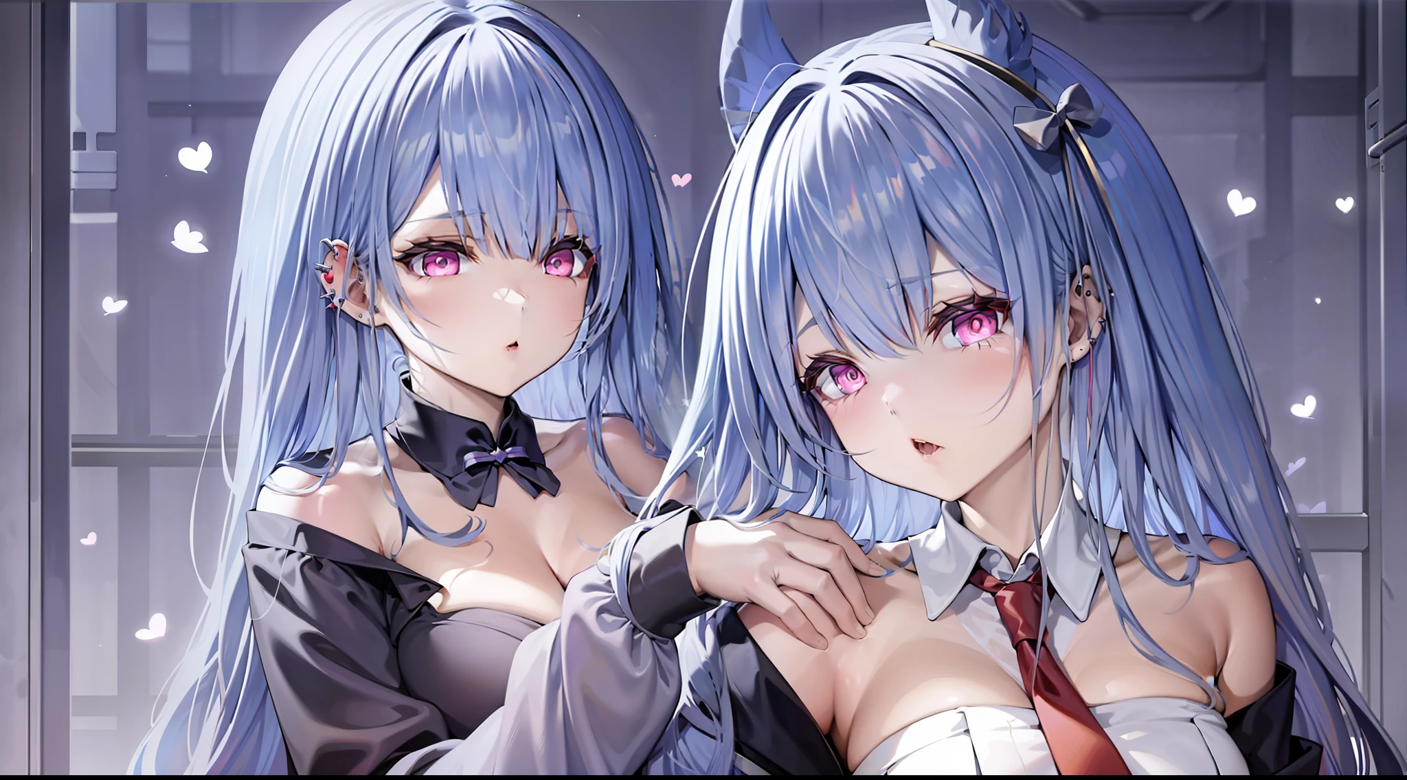 Anime girl with long hair and white shirt and tie, anime moe art style, cute horns, anime style, horned, mihoyo art style, goat ears, heart piercing, color scheme hair dye, lory, B cup