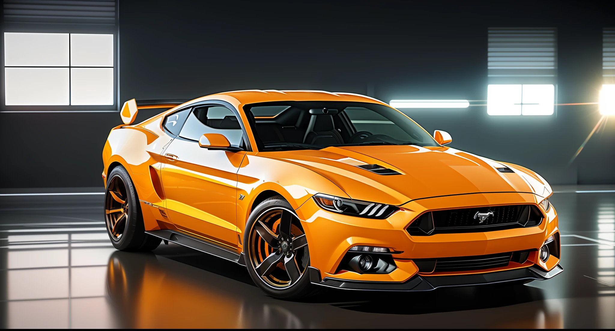 (masterpiece)+, (Best Quality)+, (Intricate Detail)+, design me a ford mustang and lamborghini diablo mashup car, white paint with orange highlights, showroom concept, lens flare, camera artefact, professional photographer, 4k, HDR, longitudinal symmetry