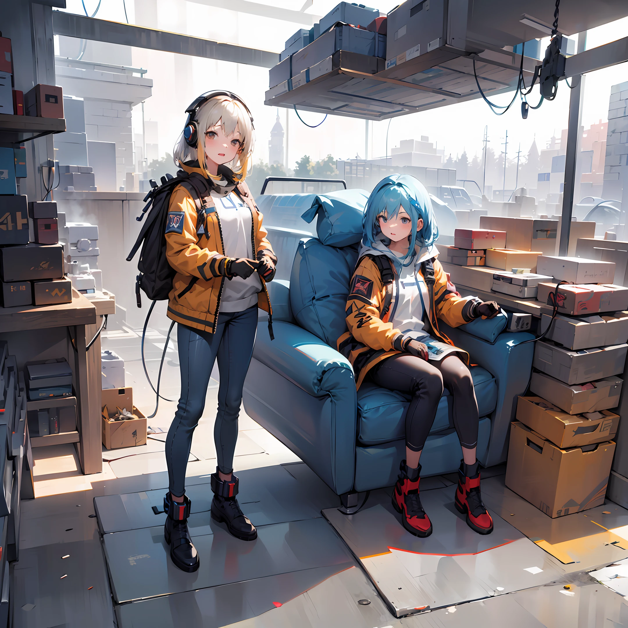 ((high quality)), ((masterpiece)), 8k, 2girls, bulletproof vest, light rays, extremely detailed CG unity 8k wallpaper, game cg, looking at viewer, gloves, boots, full body, watch, computer, mask, drone, holding weapon, headphones, jacket, bag, backpack,