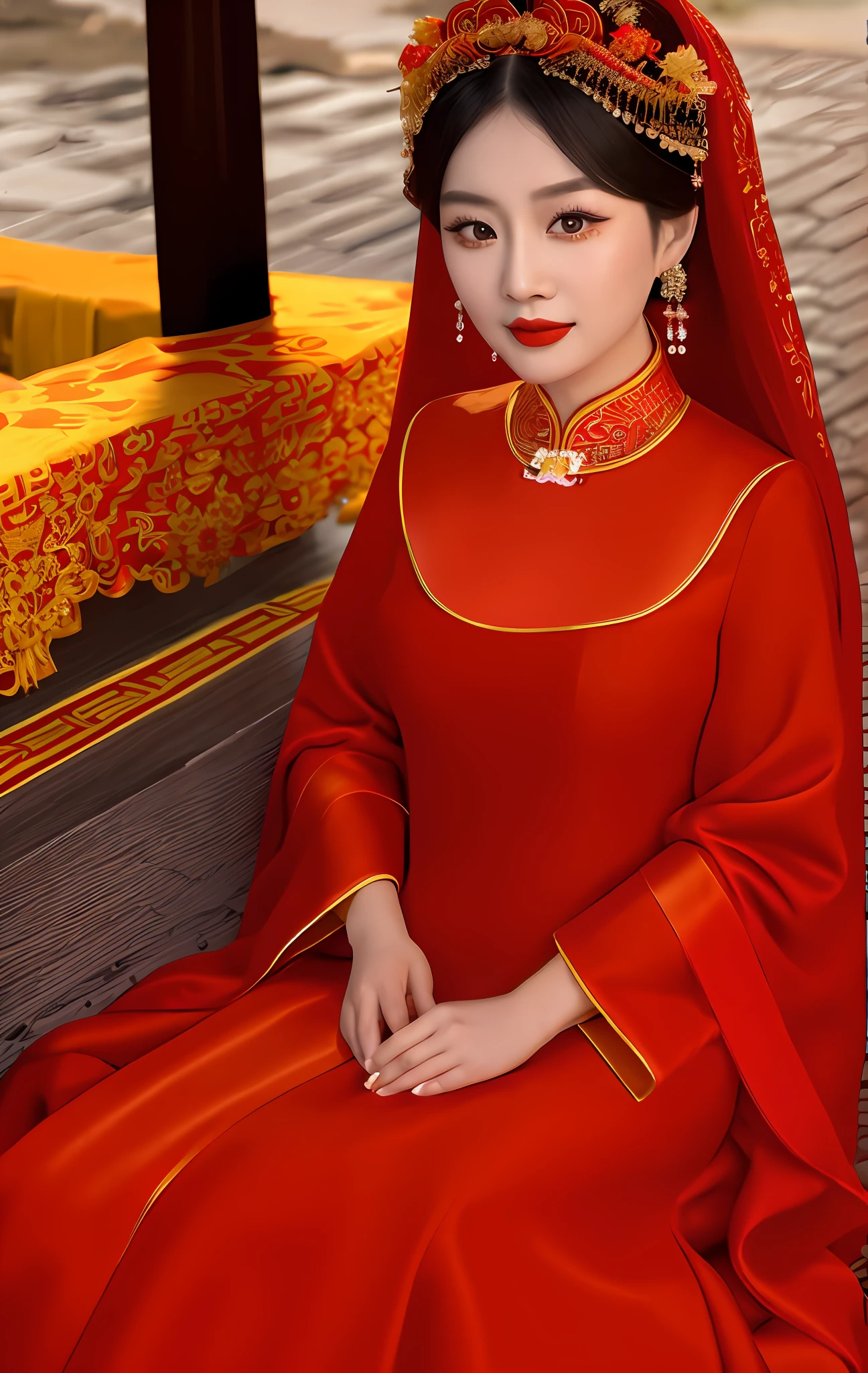 araffe woman in a red dress sitting on a bench, ao dai, traditional chinese, chinese dress, traditional chinese clothing, cheongsam, wearing a red cheongsam, with acient chinese clothes, chinese costume, chinese style, traditional tai costume, wearing ancient chinese clothes, red and golden color details, wearing ornate silk clothes, portrait shot