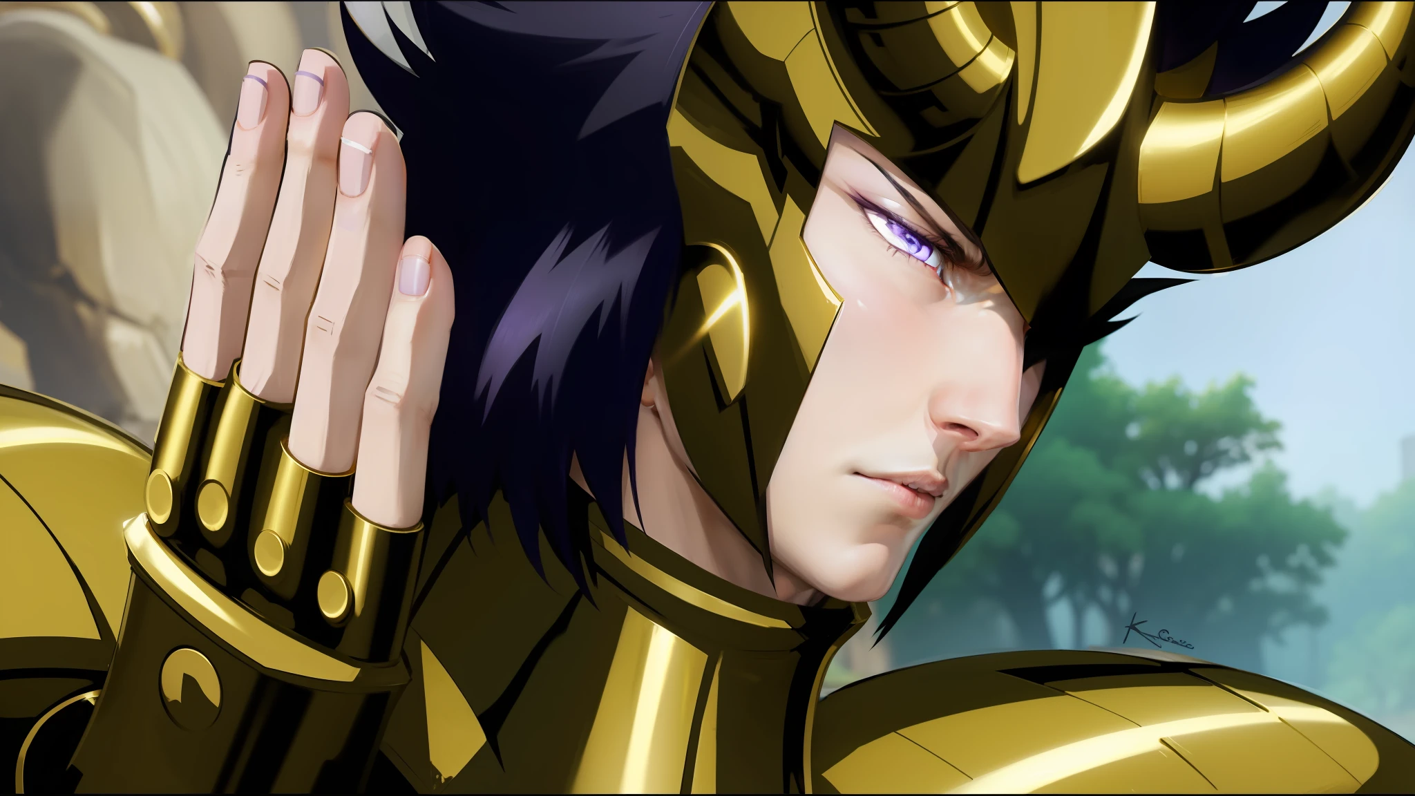 character, gold armor, purple colored eyes, young and serious face, serious man face, purple color eyes, gold armor realistic 8K artwork