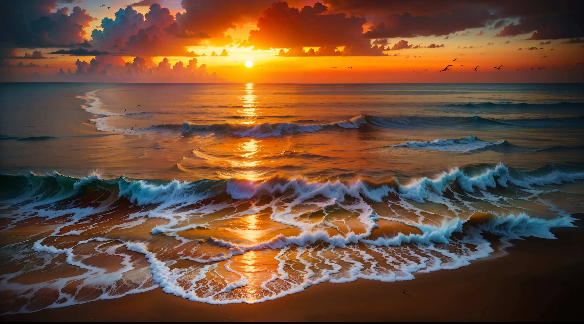 An absolutely mesmerizing sunset over the beach, predominant red color with a mixture of oranges, pinks and yellows filling the sky. The azure waters of the sea gently kiss the shore, with a dark sand beach stretching throughout. The scene is dynamic and breathtaking, with birds of prey flying high in the sky and palm trees swaying gently. Soak up the quiet, soothing atmosphere and let the tranquility take over you. Dark Medieval Fantasy, clouds