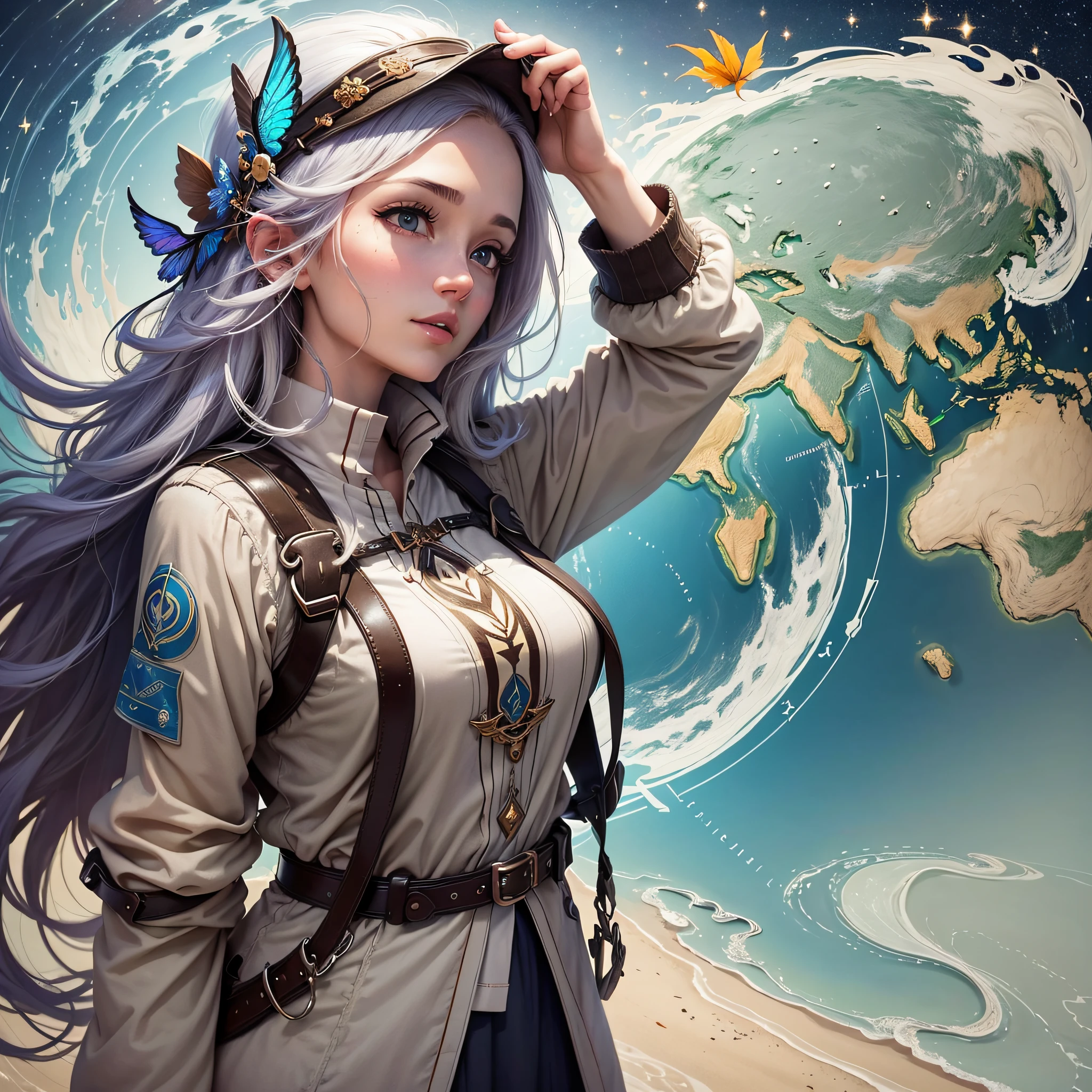 This anthropomorphic female figure of the map is a character of exploration and wisdom, and she is a symbol of geography and travel. Her figure is elegant and agile, revealing her curiosity and pursuit of the world. Her skin takes on the texture of a map, and the lines and patterns of the map outline her face, symbolizing her knowledge and love of world geography.
Above her head is a vast starry sky, and the stars twinkle, like her ability to discover and explore the world. Her hair is soft and shiny, sometimes like the stars in the night sky, sometimes like the waves in the sea, symbolizing her close connection with the natural world.
Her eyes are bright and shining, revealing an interest in the landscape and culture. Her eyes are full of curiosity and a desire to explore, eager to explore every corner of the world, to discover the wonder and beauty in it.
Her arms were slender and dexterous, and she held a delicate map outlining the route she had taken and the destinations she wanted to go. Her fingertips shimmer with a shimmer, symbolizing her courage and inquisitive spirit for adventure and the unknown. She wears a comfortable and convenient adventure outfit that protects herself and does not hinder her flexible movements during the expedition.
Her voice is clear and loud, with a passion for exploration and the power to inspire. She uses her experience and knowledge to share stories and cultures around the world with people. Birds and butterflies fly around her, accompanying her on her adventure, symbolizing her harmony with nature.
The map's anthropomorphic female figure inspires curiosity and exploration of the world, encouraging people to step out of their comfort zones to expand their horizons and experience different cultures. Her image is a reminder that the world is so vast and diverse that each of us has the opportunity to discover and appreciate its beauty. She encourages people to be brave and open to pursue the journey of growth and discovery. --auto --s2